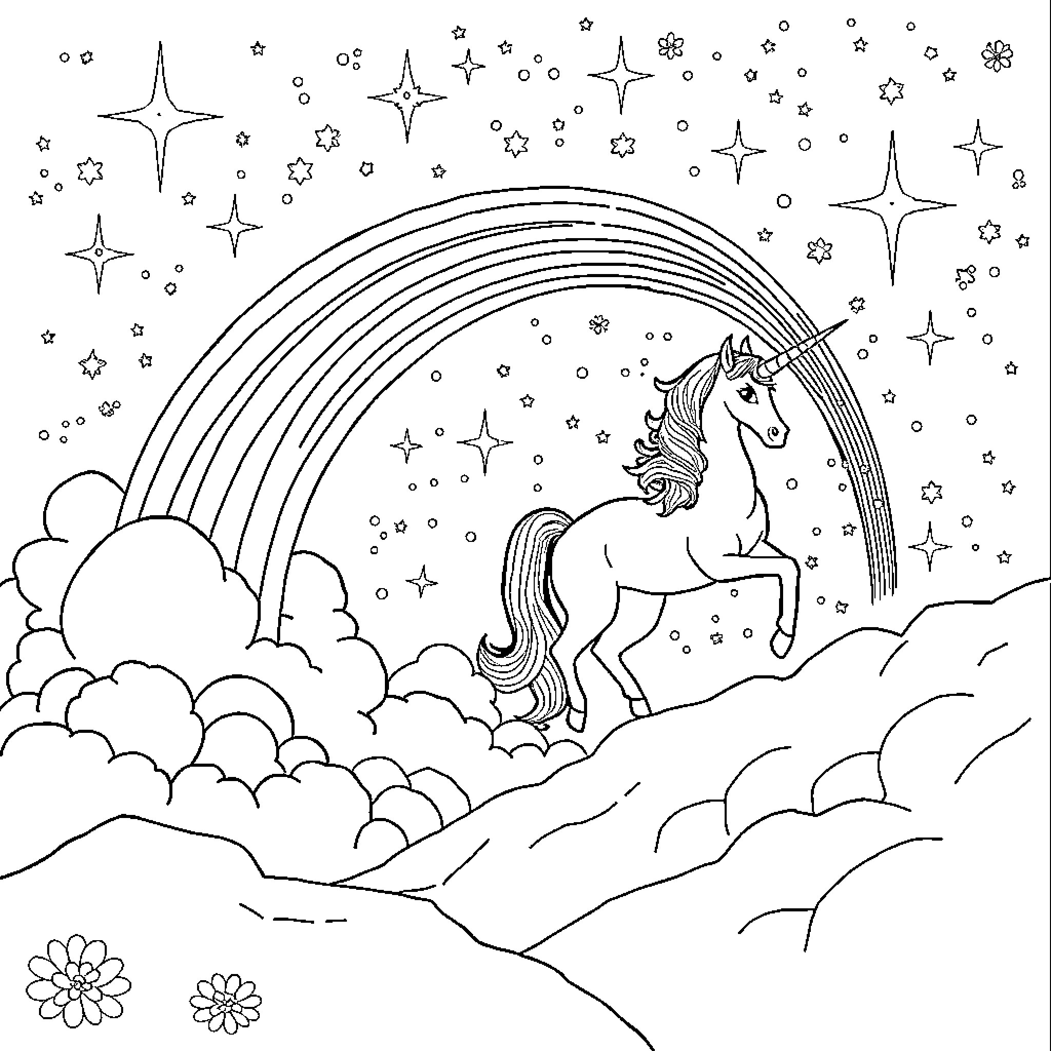 Unicorn frolicking in a starry night sky Coloring Page (free black-and-white line drawing printable PDF for all, from beginners to advanced learners, including children, teens, adults, and seniors)