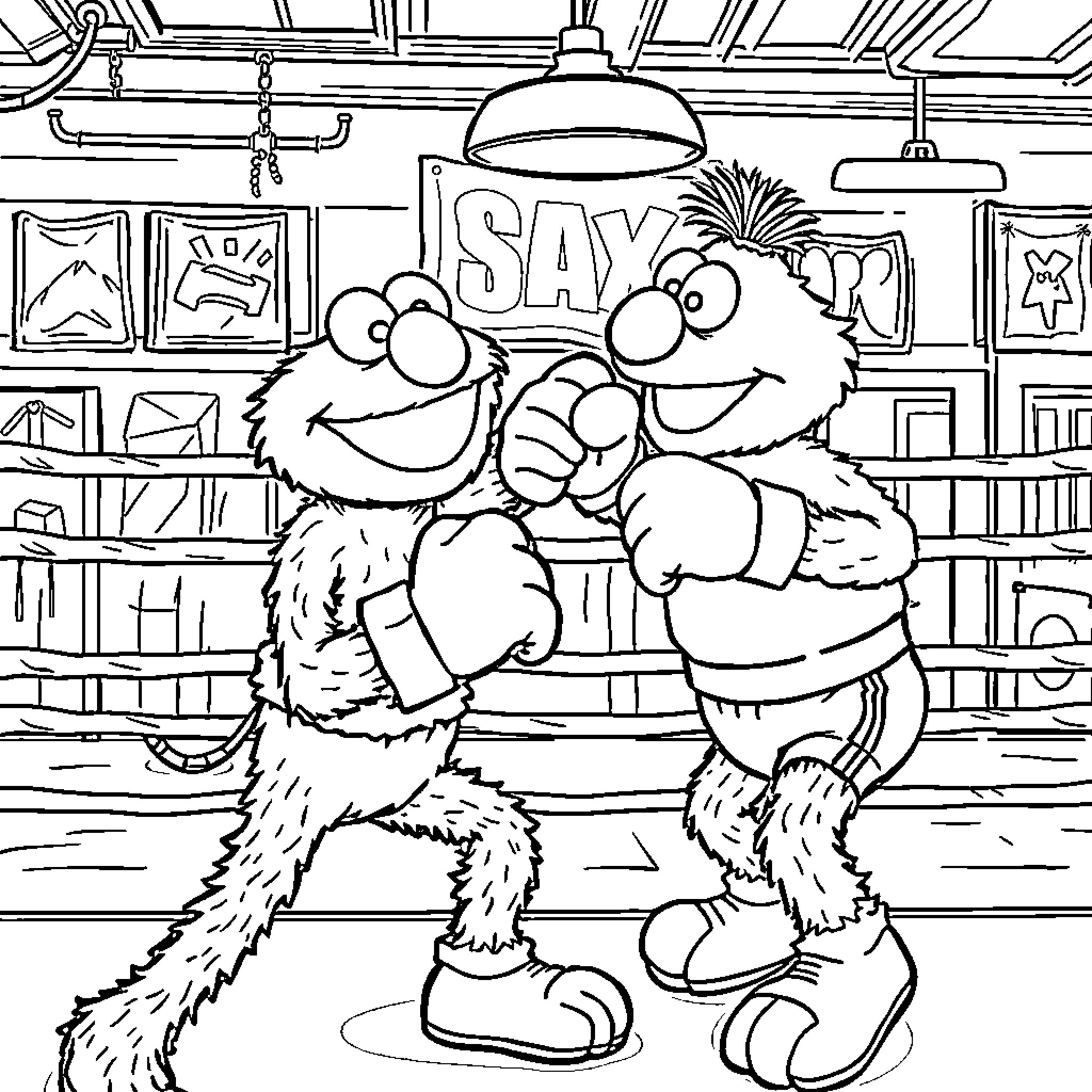 Elmo and Furry Monster Happily Interact in Workshop Coloring Page (free black-and-white line drawing printable PDF for all, from beginners to advanced learners, including children, teens, adults, and seniors)
