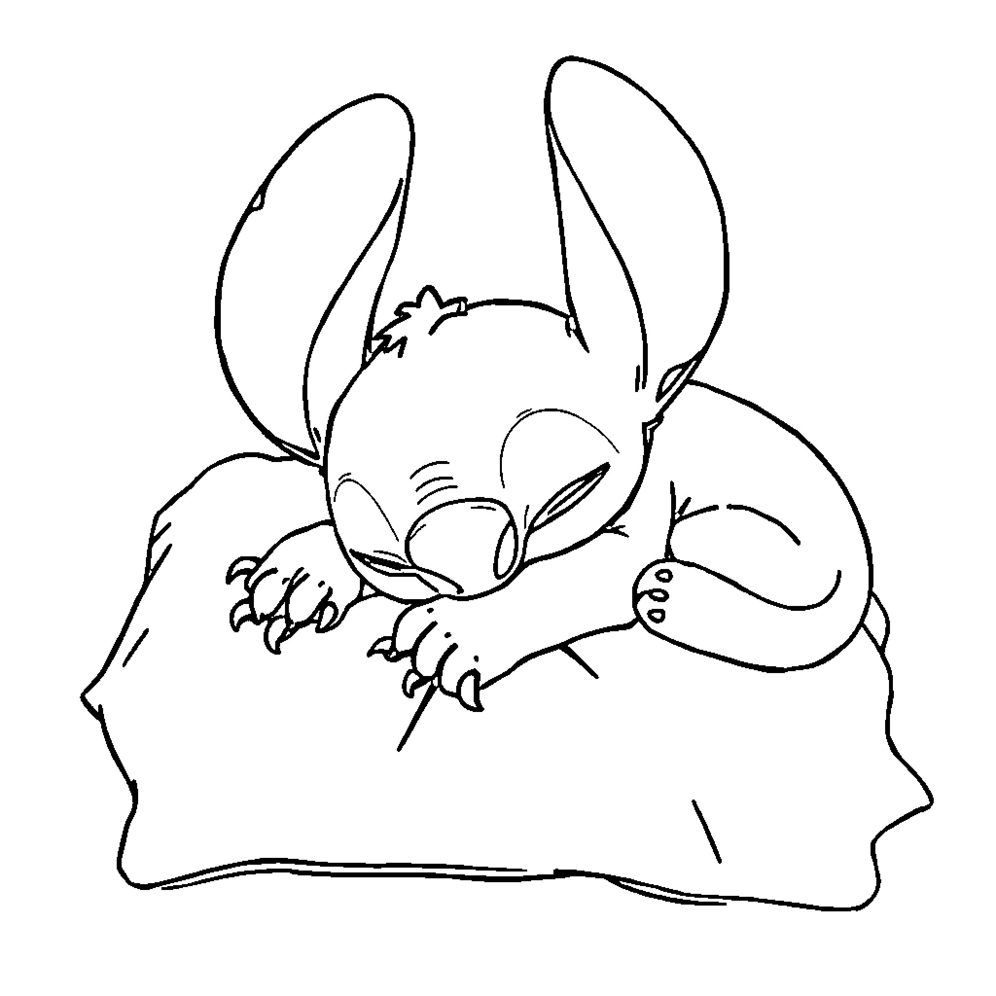 Stitch relaxing on a blanket Coloring Page (free black-and-white line drawing printable PDF for all, from beginners to advanced learners, including children, teens, adults, and seniors)