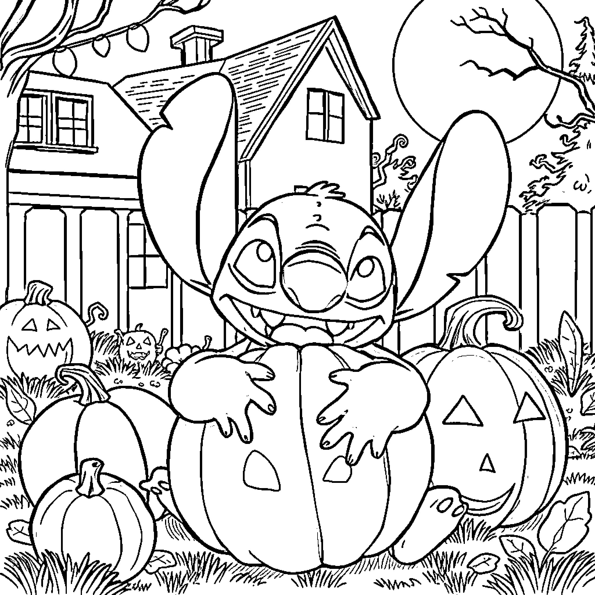 Stitch Enjoying Halloween in the Haunted Neighborhood Coloring Page (free black-and-white line drawing printable PDF for all, from beginners to advanced learners, including children, teens, adults, and seniors)