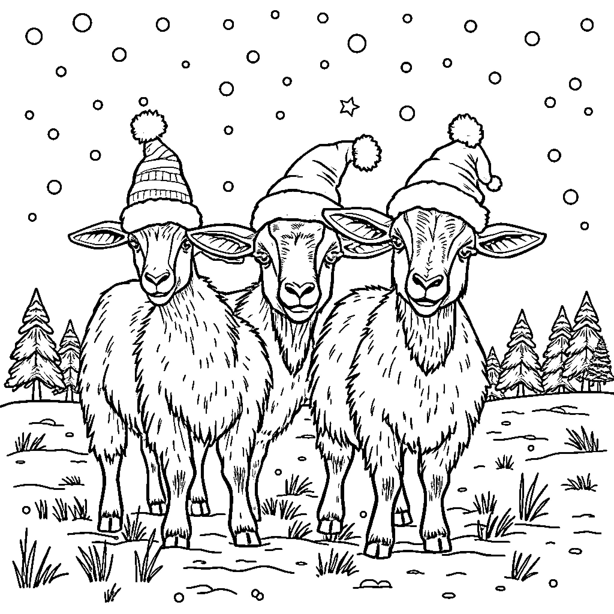 Goats wearing festive winter hats in snowy landscape Coloring Page (free black-and-white line drawing printable PDF for all, from beginners to advanced learners, including children, teens, adults, and seniors)