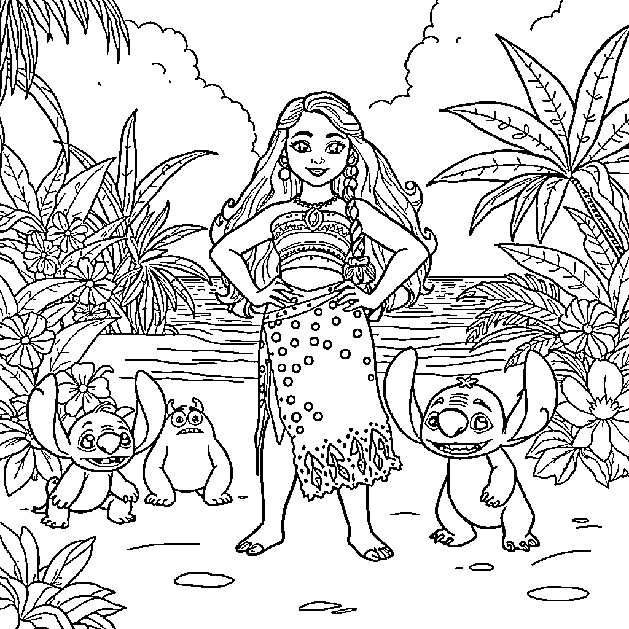 Moana enjoying the tropical paradise with her animal friends Coloring Page (free black-and-white line drawing printable PDF for all, from beginners to advanced learners, including children, teens, adults, and seniors)