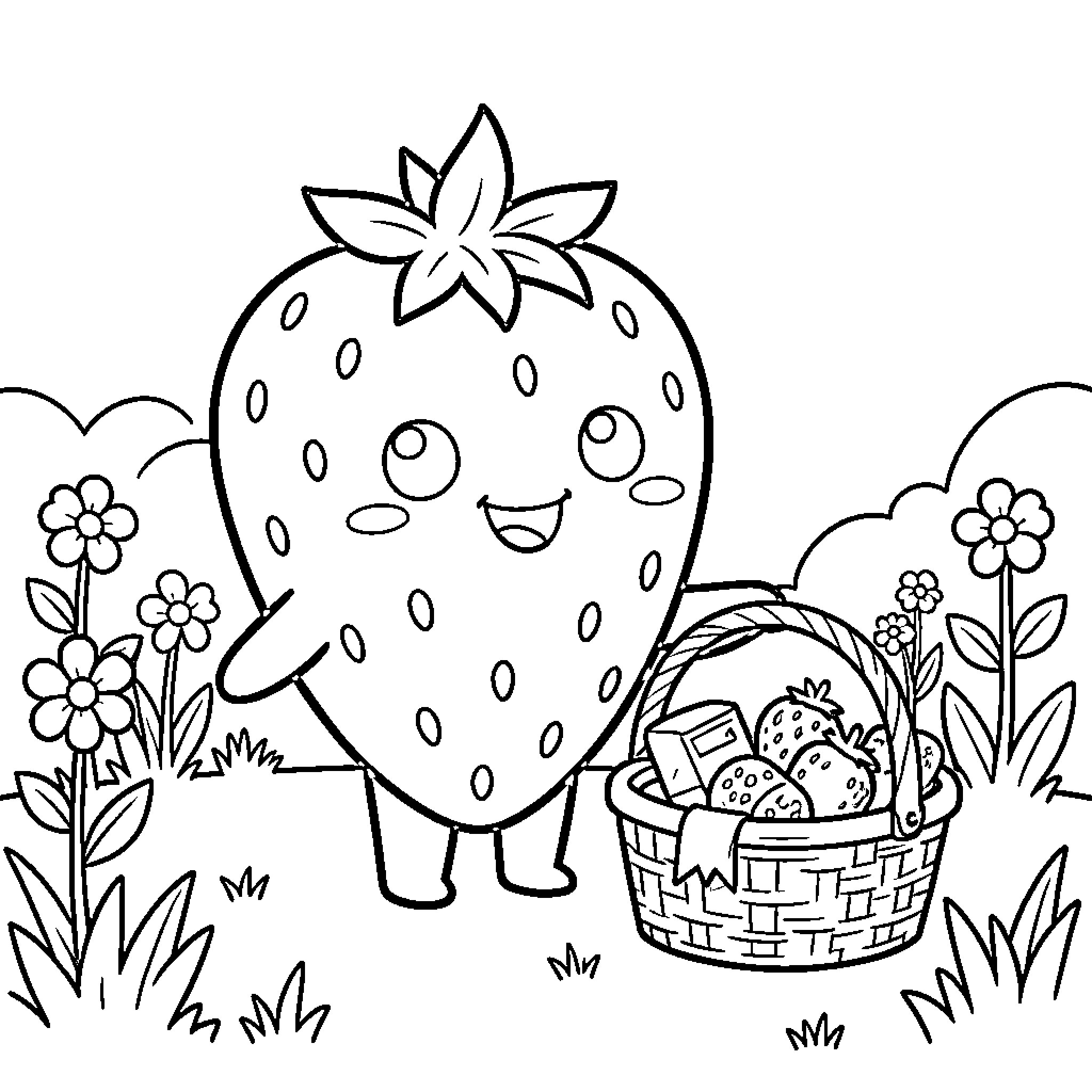 Strawberry character smiling next to a basket of fruit Coloring Page (free black-and-white line drawing printable PDF for all, from beginners to advanced learners, including children, teens, adults, and seniors)