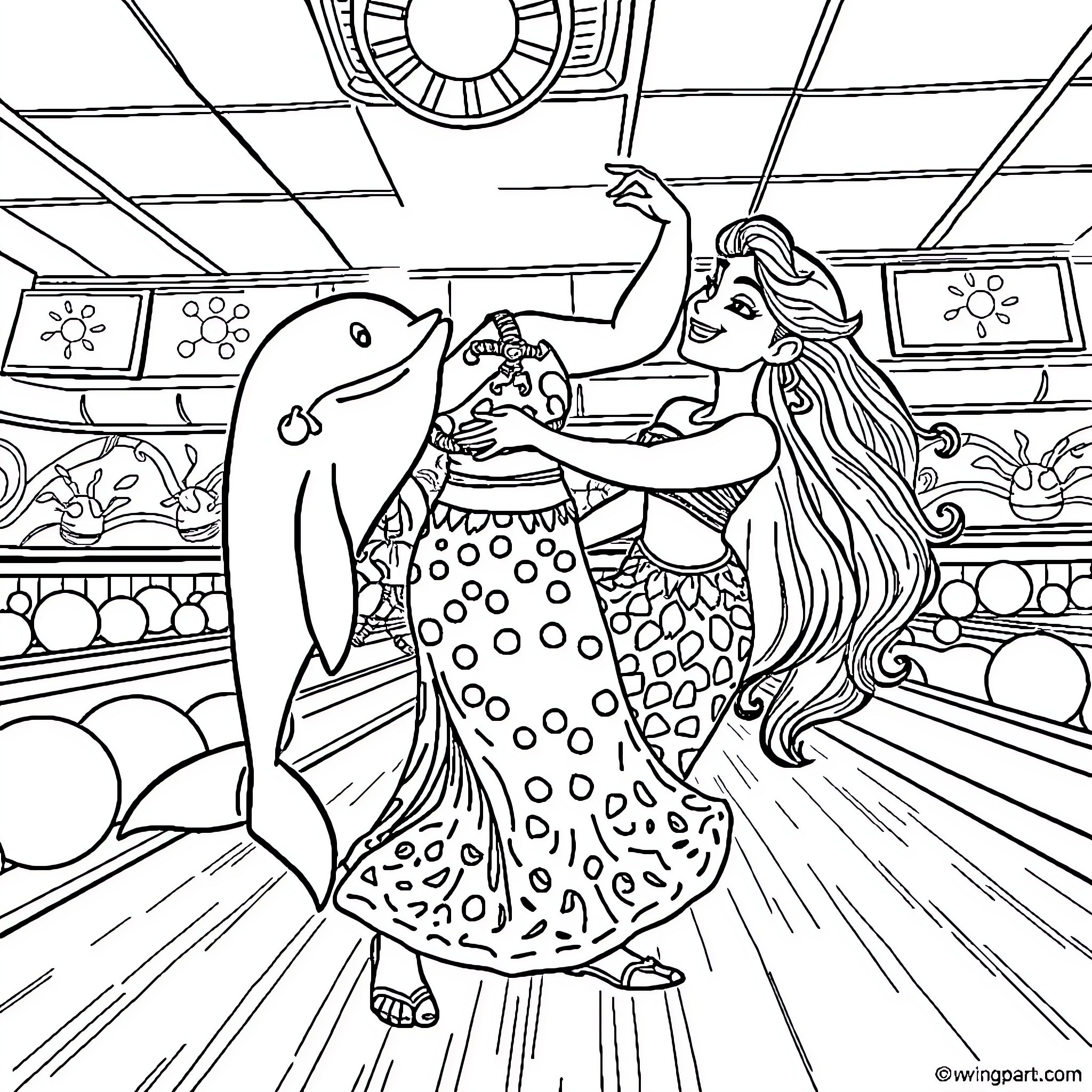 Moana dancing with a colorful dolphin Coloring Page (free black-and-white line drawing printable PDF for all, from beginners to advanced learners, including children, teens, adults, and seniors)