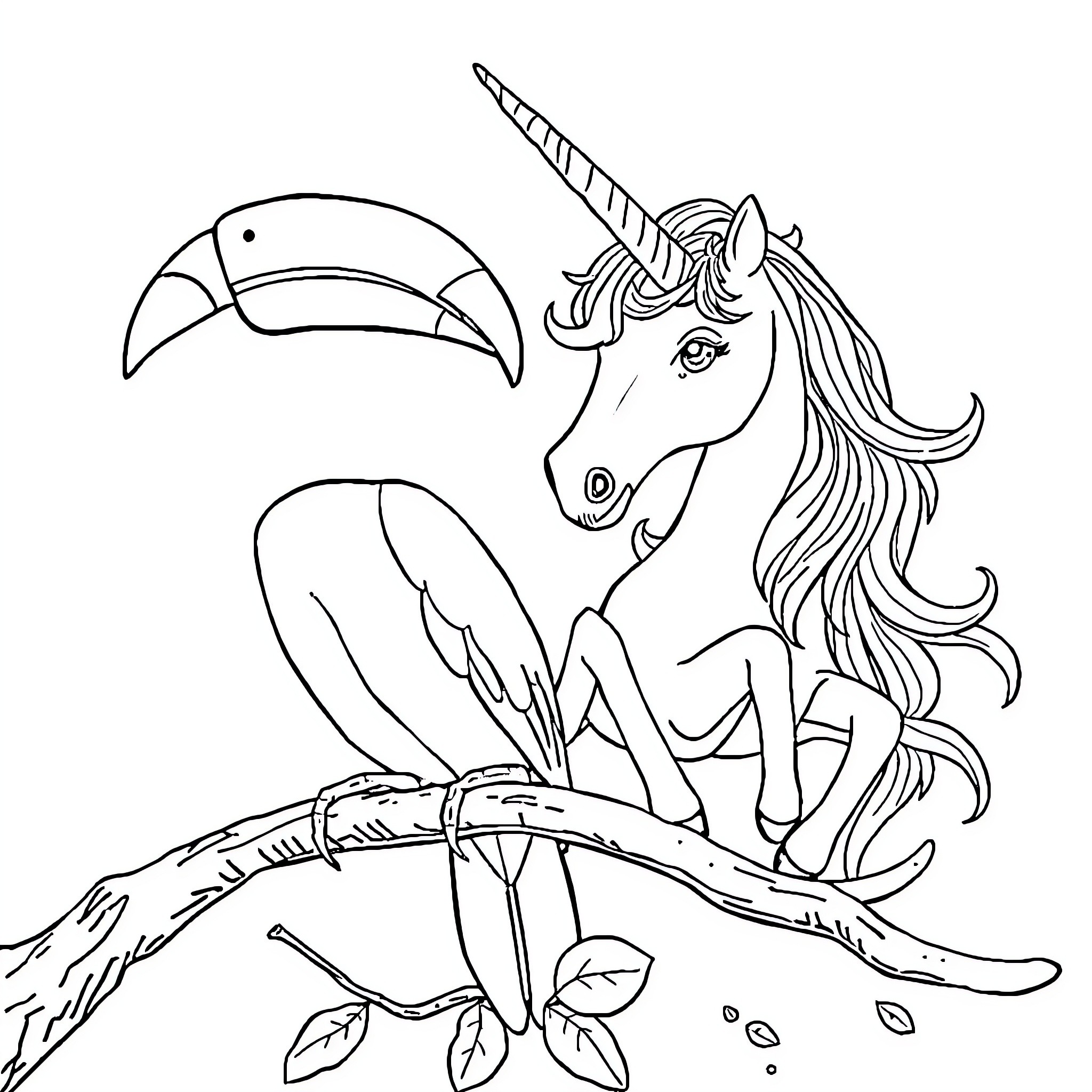Toucan and Unicorn in the Enchanted Forest Coloring Page (free black-and-white line drawing printable PDF for all, from beginners to advanced learners, including children, teens, adults, and seniors)