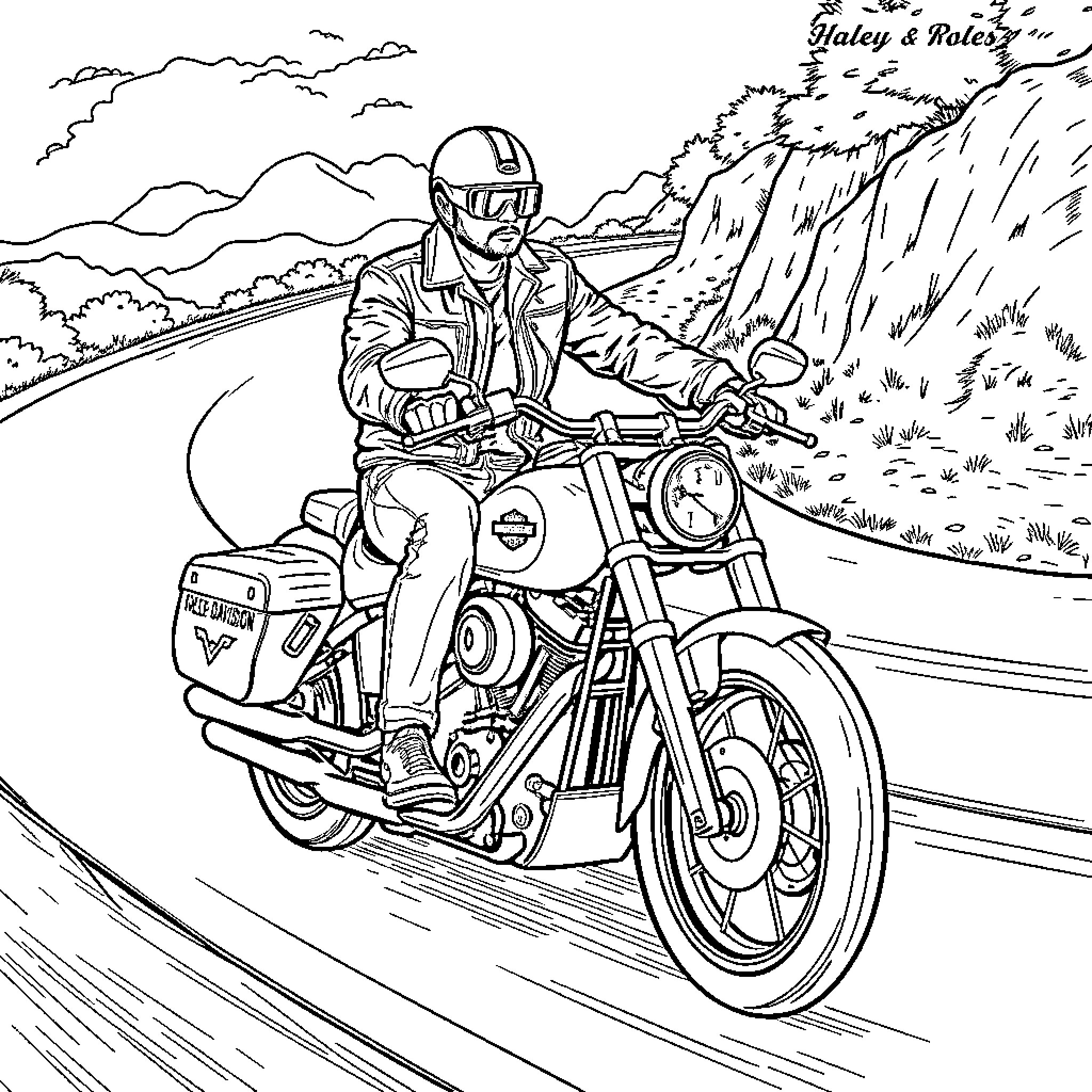 Biker on the open road enjoying the scenic views Coloring Page (free black-and-white line drawing printable PDF for all, from beginners to advanced learners, including children, teens, adults, and seniors)
