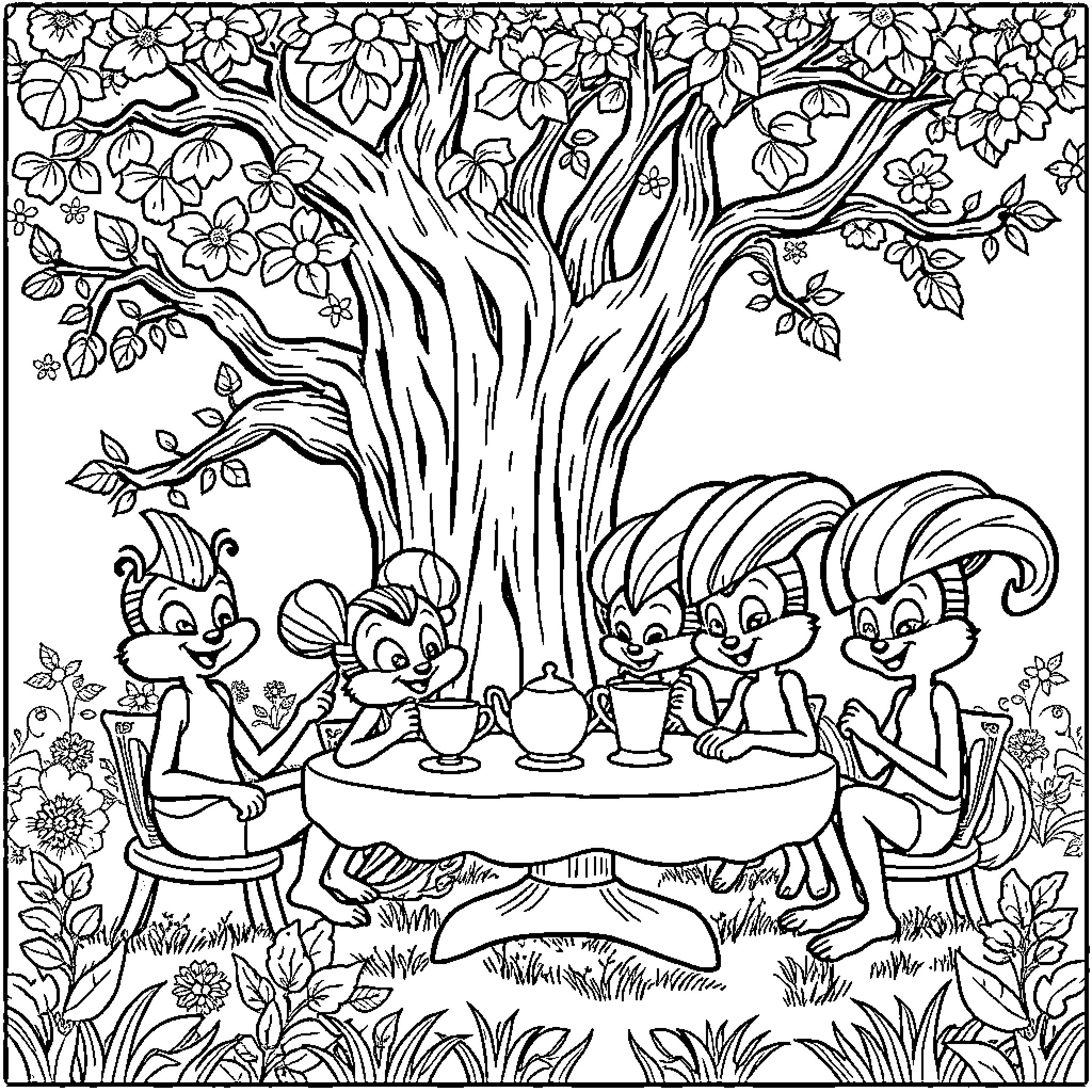 Spunkie Woodland Creatures Enjoying Tea Party Coloring Page (free black-and-white line drawing printable PDF for all, from beginners to advanced learners, including children, teens, adults, and seniors)