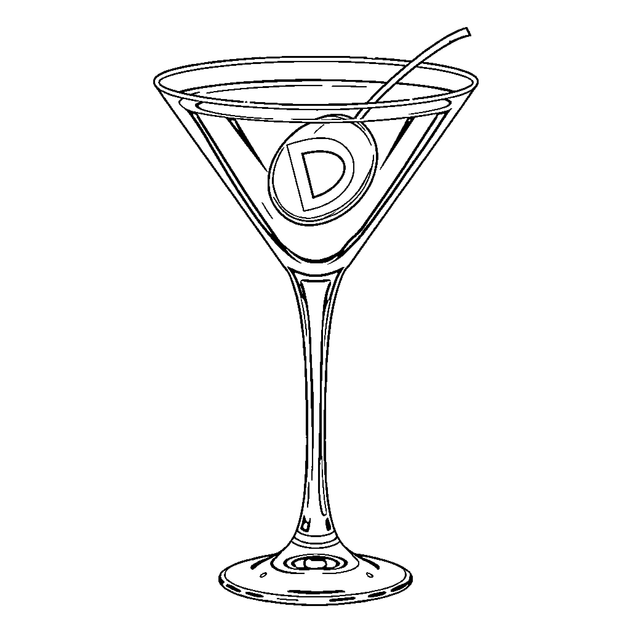 Martini Glass with Letter D Coloring Page (free black-and-white line drawing printable PDF for all, from beginners to advanced learners, including children, teens, adults, and seniors)