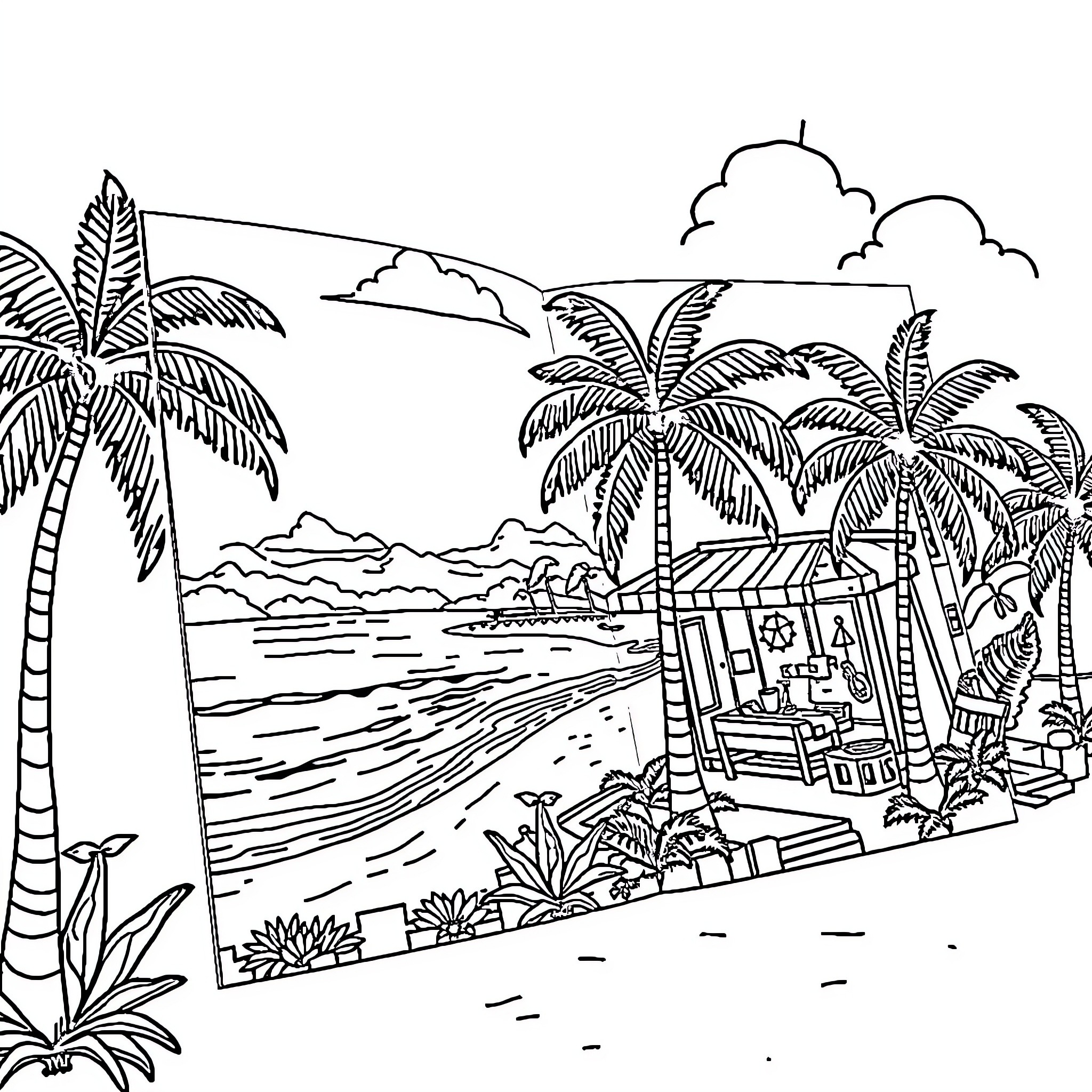 Business by the Beach with Palm Trees Coloring Page (free black-and-white line drawing printable PDF for all, from beginners to advanced learners, including children, teens, adults, and seniors)