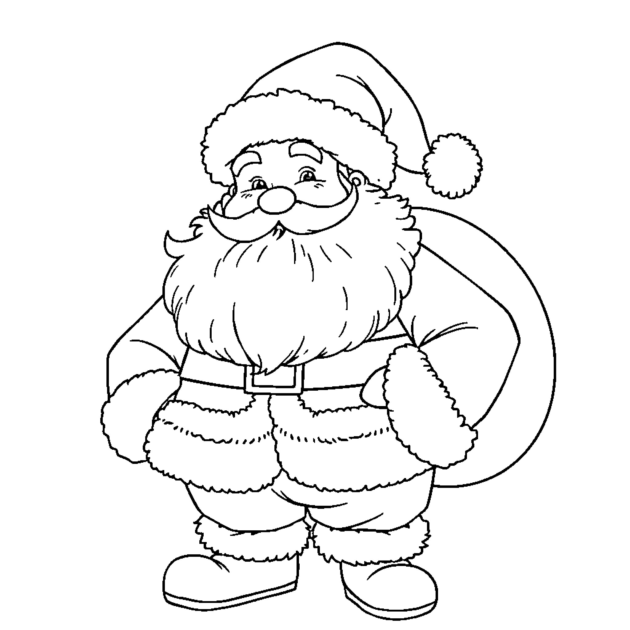Santa Claus in festive holiday outfit Coloring Page (free black-and-white line drawing printable PDF for all, from beginners to advanced learners, including children, teens, adults, and seniors)