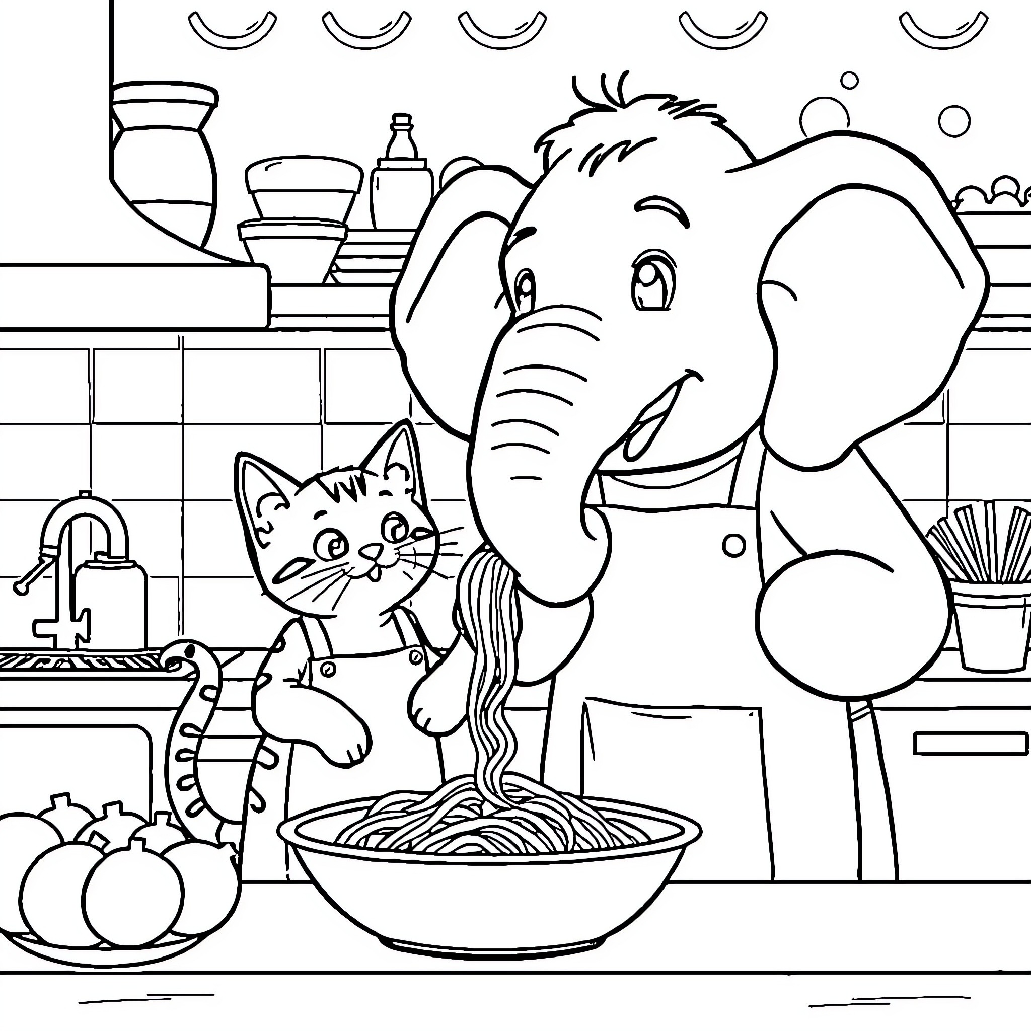 Cat and Elephant Cooking Together in Kitchen Coloring Page (free black-and-white line drawing printable PDF for all, from beginners to advanced learners, including children, teens, adults, and seniors)
