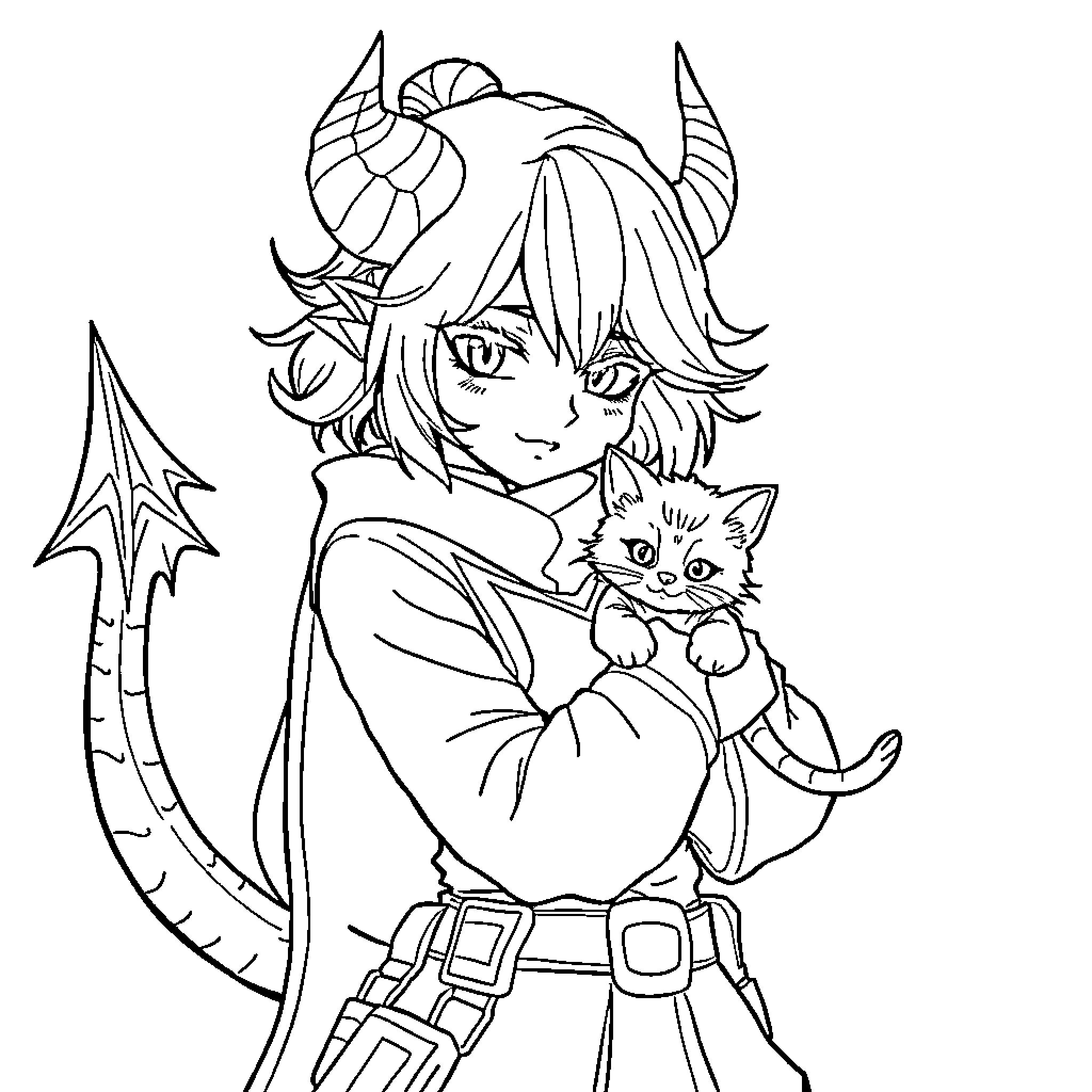 Rumi's Playful Adventure with Feline Companion Coloring Page (free black-and-white line drawing printable PDF for all, from beginners to advanced learners, including children, teens, adults, and seniors)