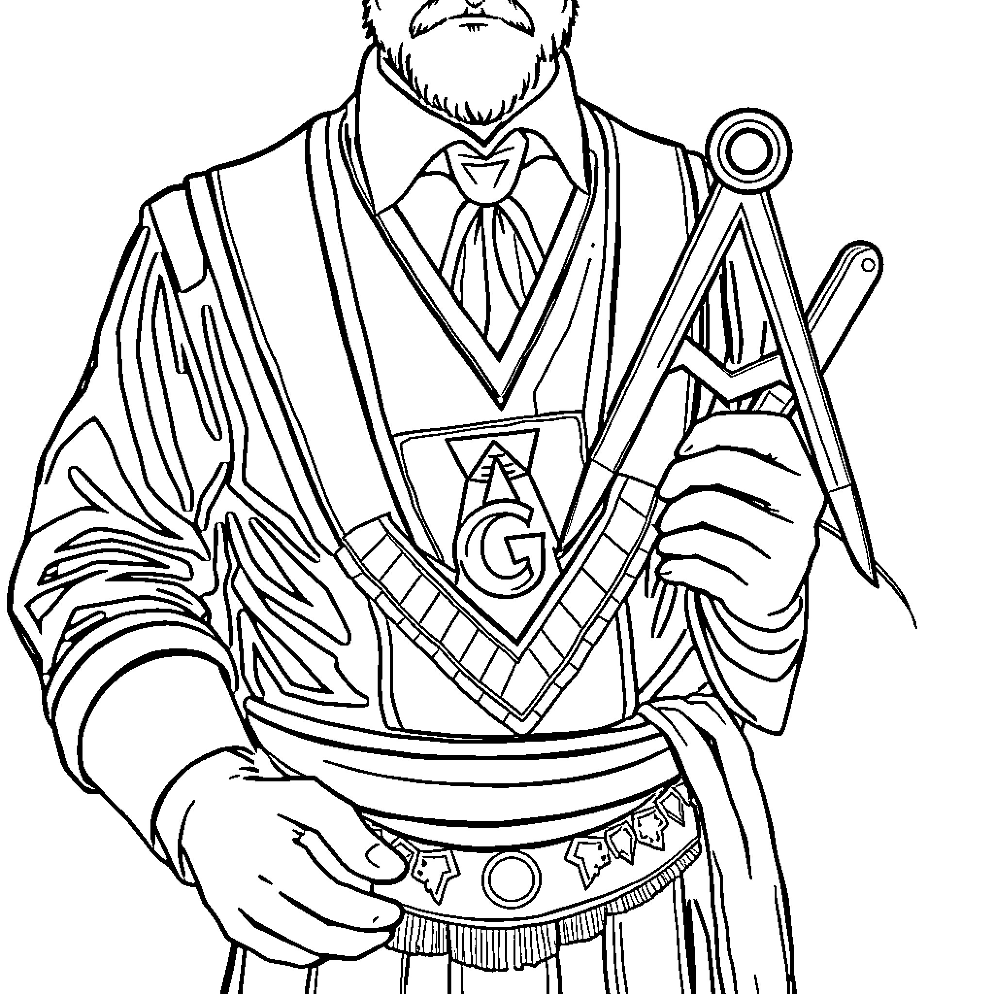 Freemason in ceremonial garb holding ritual tools Coloring Page (free black-and-white line drawing printable PDF for all, from beginners to advanced learners, including children, teens, adults, and seniors)