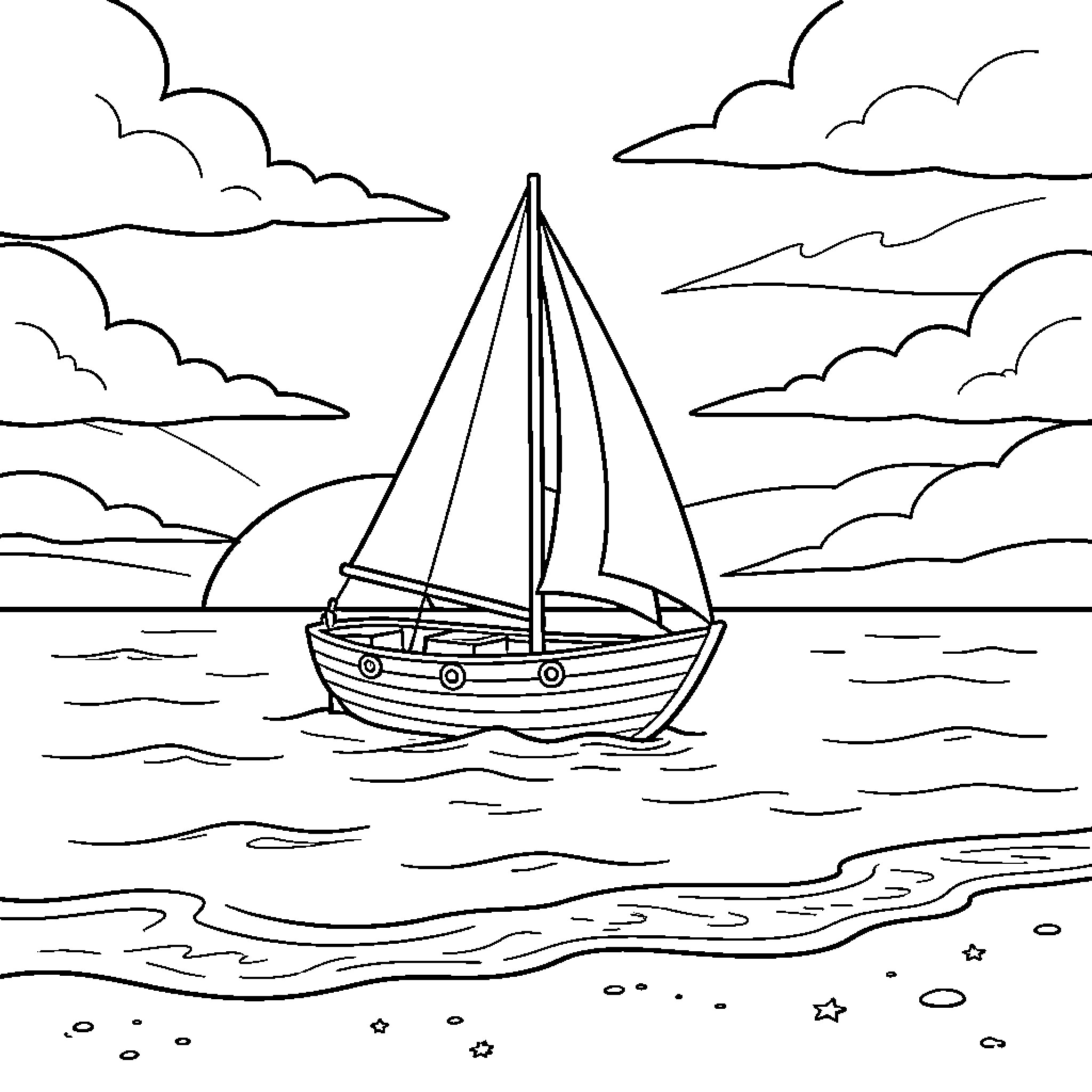 Barco sailing peacefully on the ocean Coloring Page (free black-and-white line drawing printable PDF for all, from beginners to advanced learners, including children, teens, adults, and seniors)