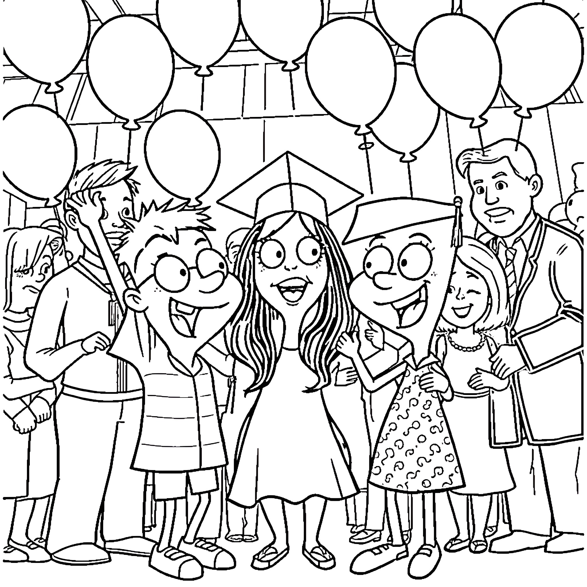 Phineas and Ferb celebrate a graduation with friends Coloring Page (free black-and-white line drawing printable PDF for all, from beginners to advanced learners, including children, teens, adults, and seniors)