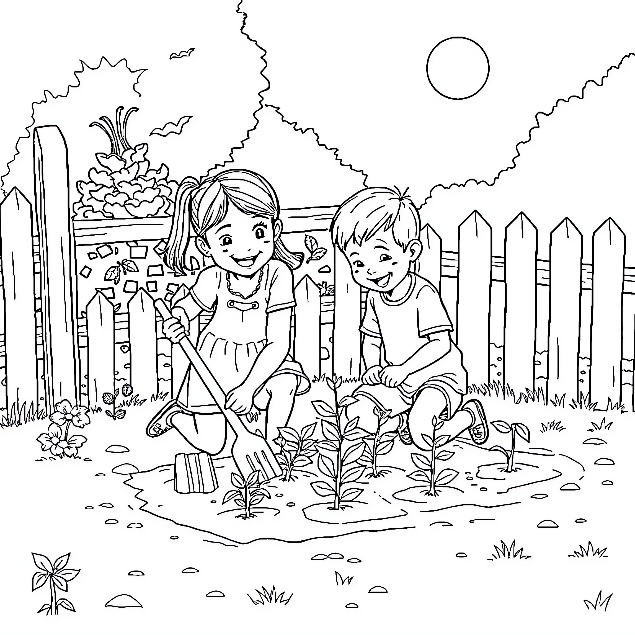 Child gardening with friend in backyard Coloring Page (free black-and-white line drawing printable PDF for all, from beginners to advanced learners, including children, teens, adults, and seniors)