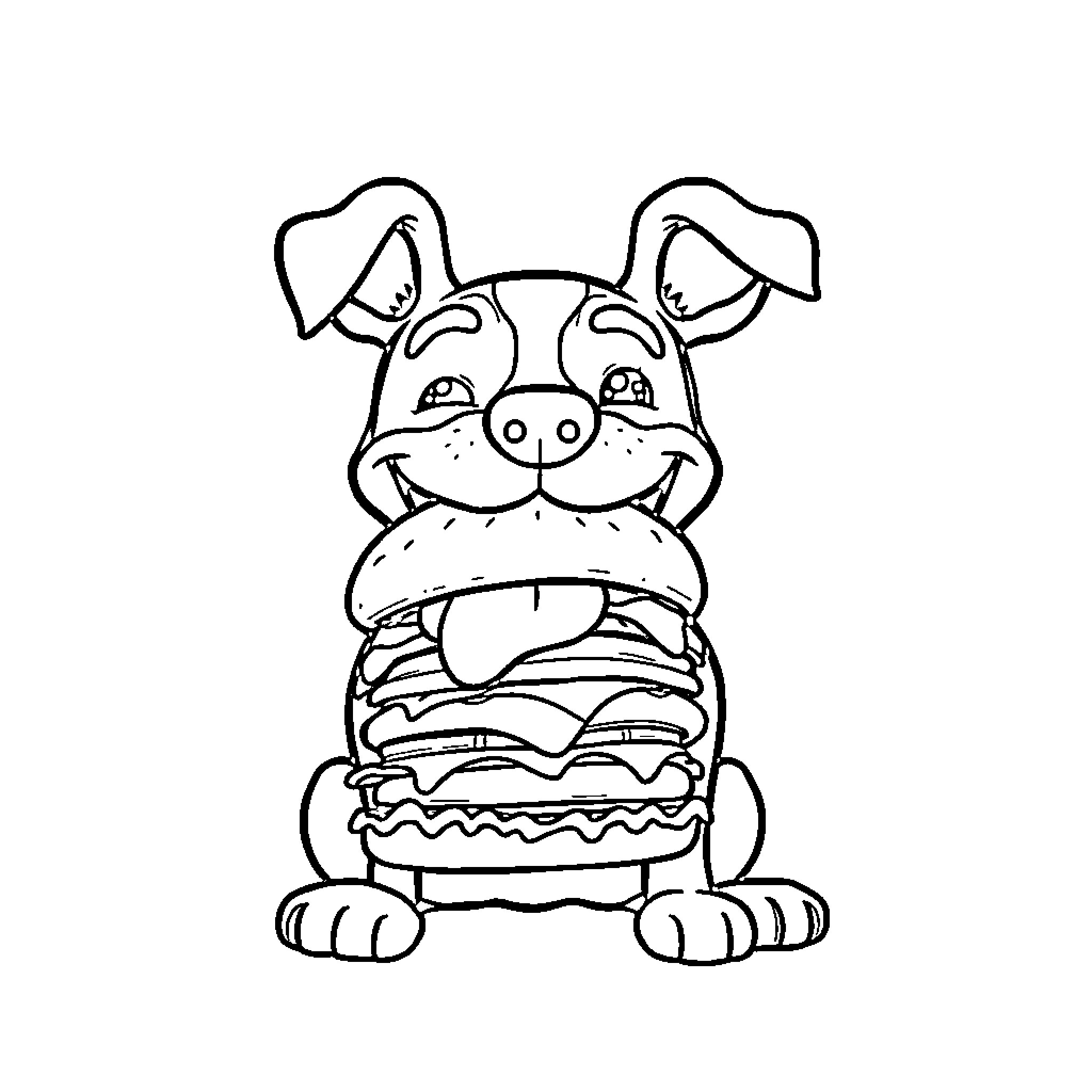 Dog eating a big hamburger Coloring Page (free black-and-white line drawing printable PDF for all, from beginners to advanced learners, including children, teens, adults, and seniors)