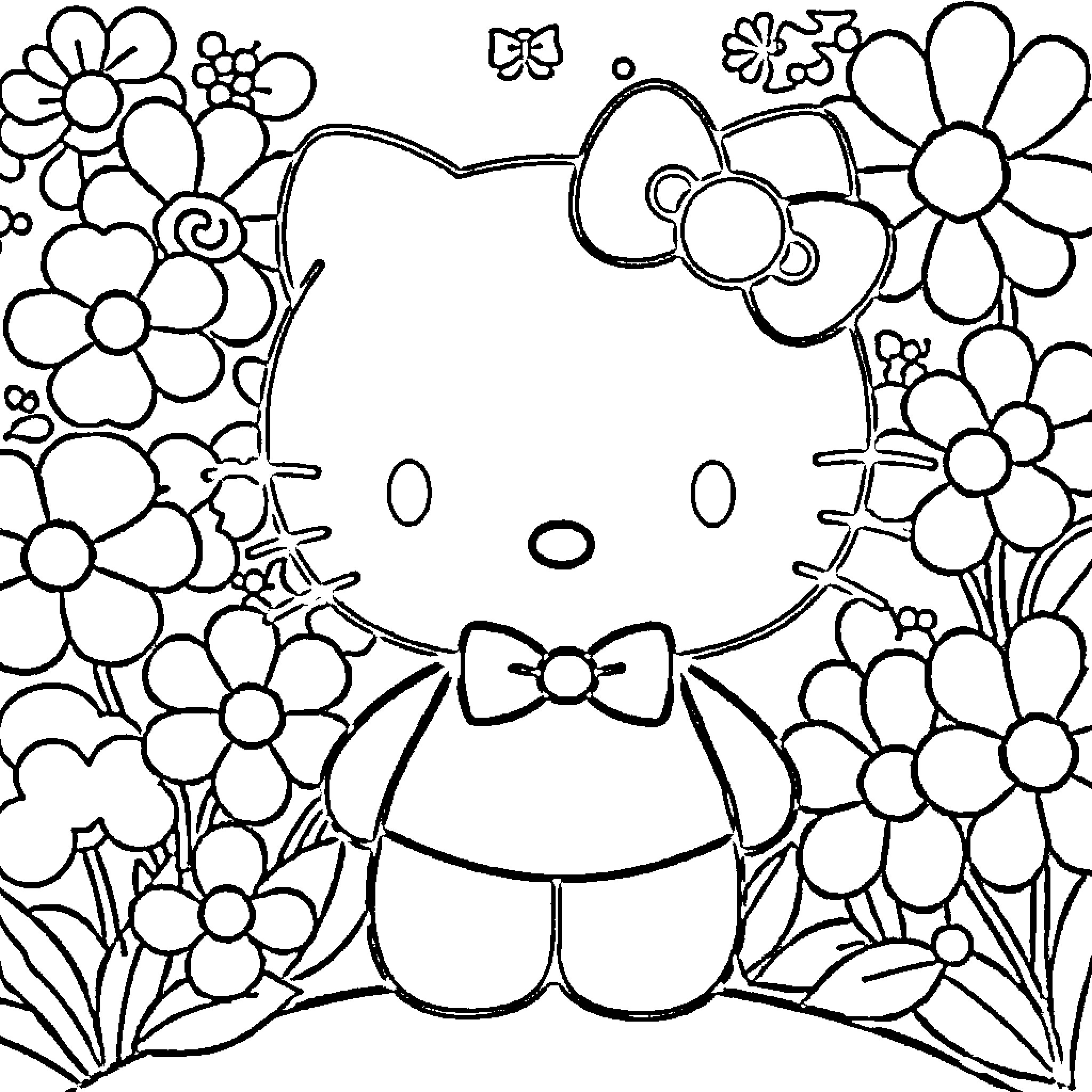 Hello Kitty surrounded by flowers and butterflies Coloring Page (free black-and-white line drawing printable PDF for all, from beginners to advanced learners, including children, teens, adults, and seniors)