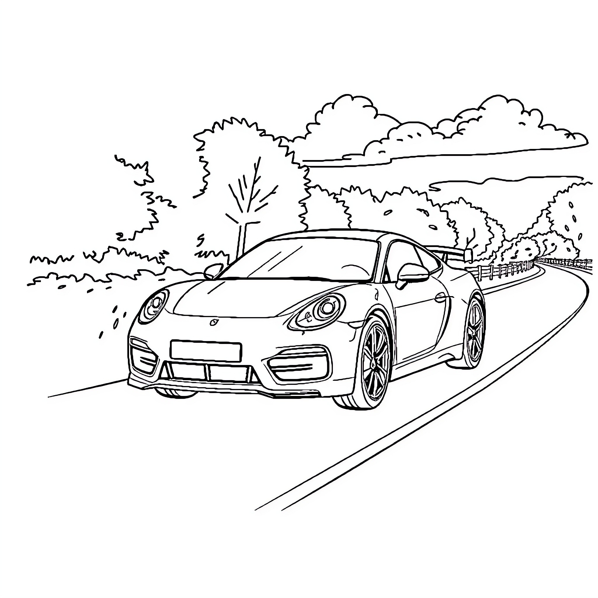 Car driving on winding road through countryside Coloring Page (free black-and-white line drawing printable PDF for all, from beginners to advanced learners, including children, teens, adults, and seniors)