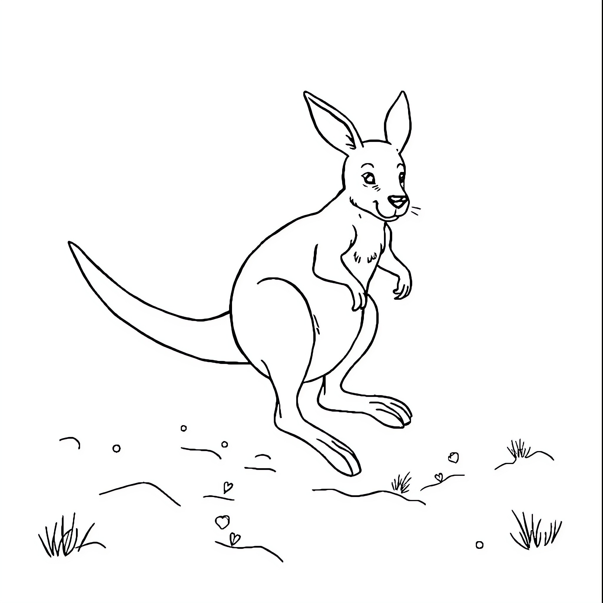 Kangaroo hopping in the meadow Coloring Page (free black-and-white line drawing printable PDF for all, from beginners to advanced learners, including children, teens, adults, and seniors)
