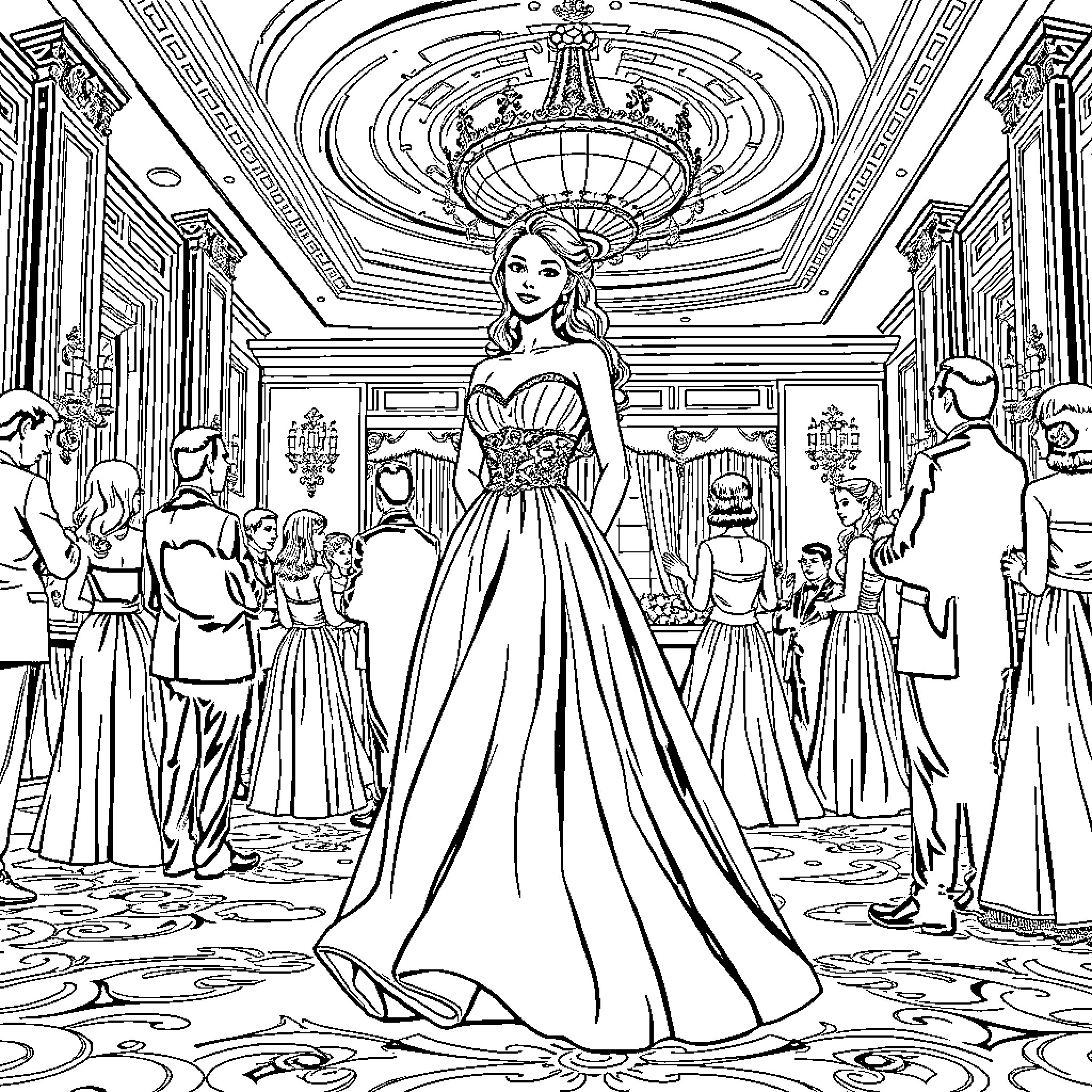 Woman in elegant gown amidst formal crowd in ornate hall Coloring Page (free black-and-white line drawing printable PDF for all, from beginners to advanced learners, including children, teens, adults, and seniors)