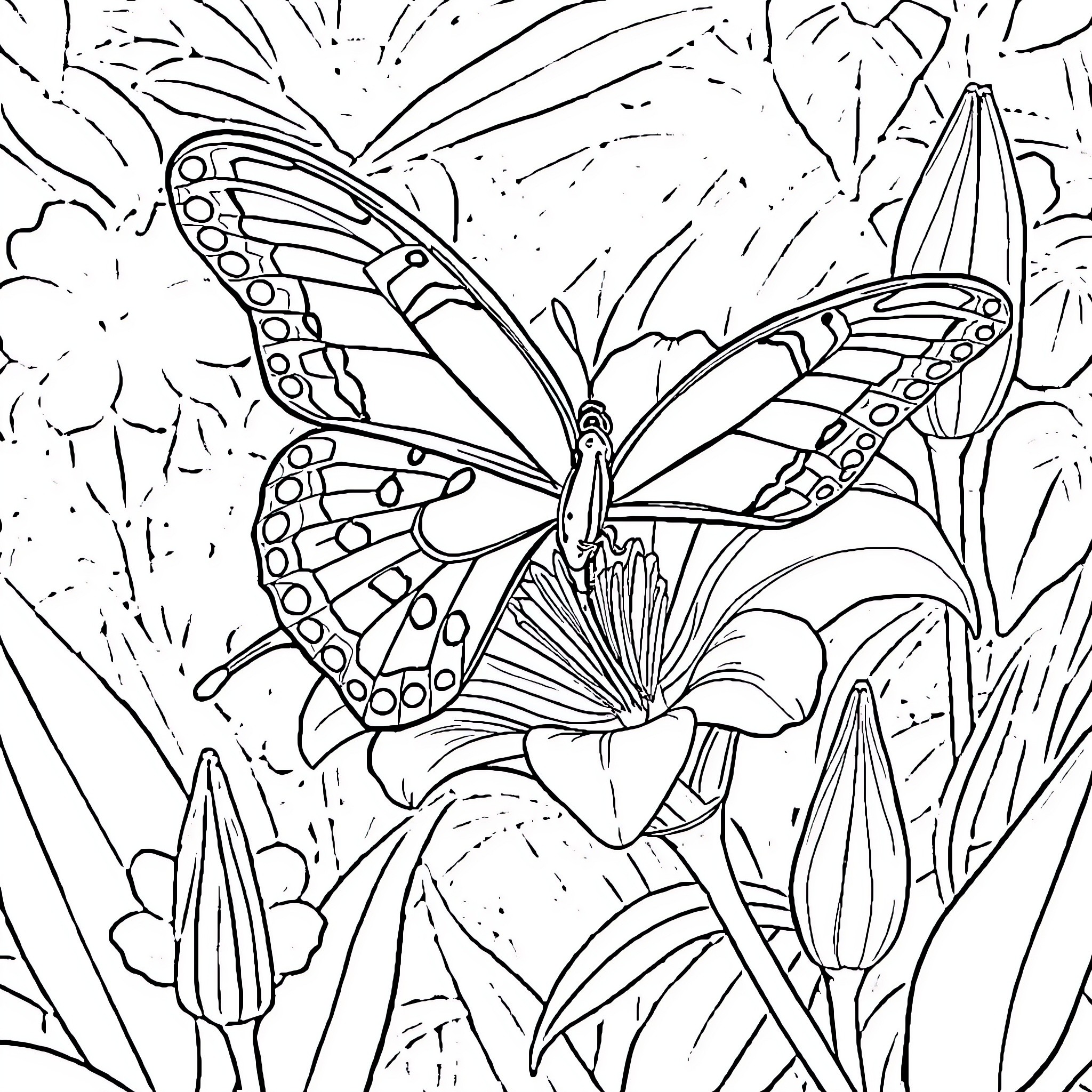 Attacus Atlas butterfly amidst nature's splendor Coloring Page (free black-and-white line drawing printable PDF for all, from beginners to advanced learners, including children, teens, adults, and seniors)