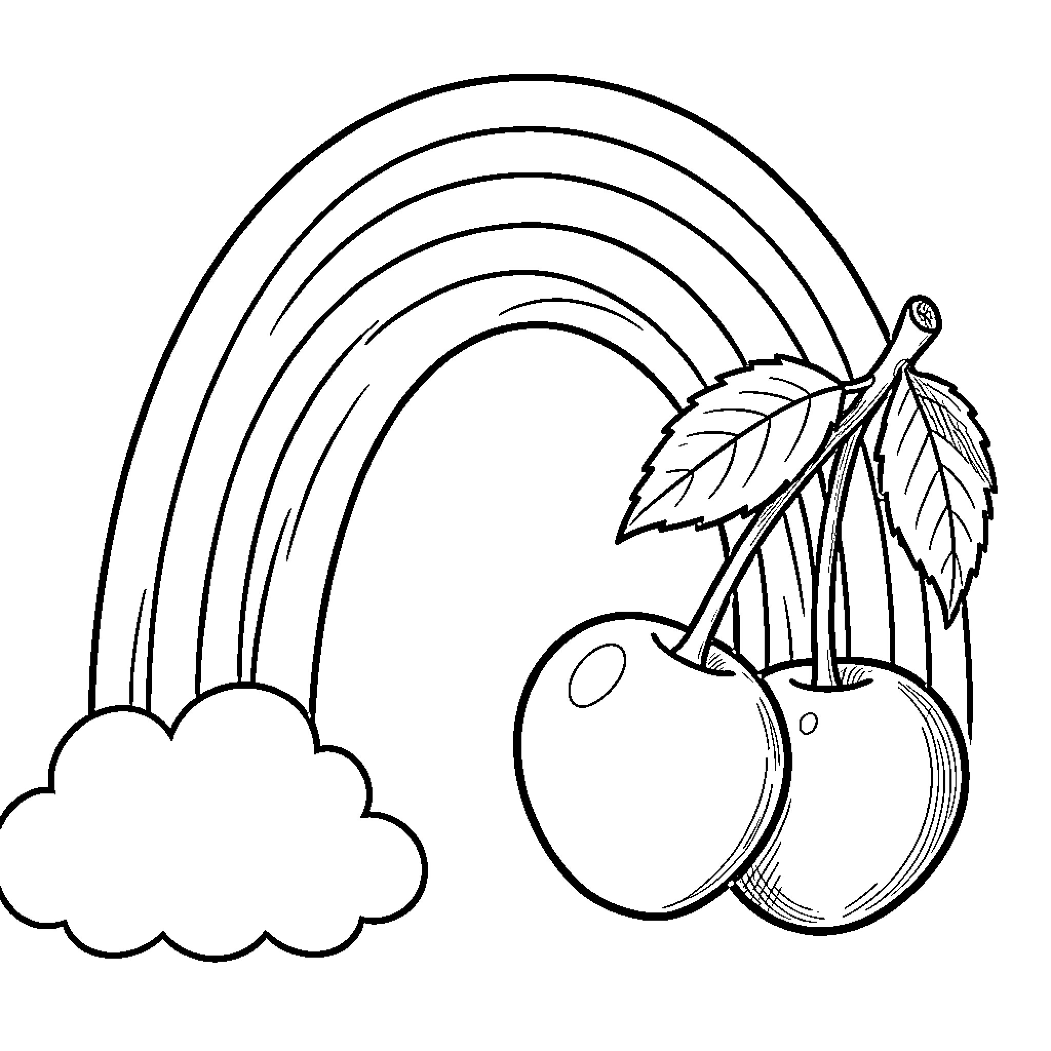 Cherry Blossoms and Rainbow Nature Scene Coloring Page (free black-and-white line drawing printable PDF for all, from beginners to advanced learners, including children, teens, adults, and seniors)