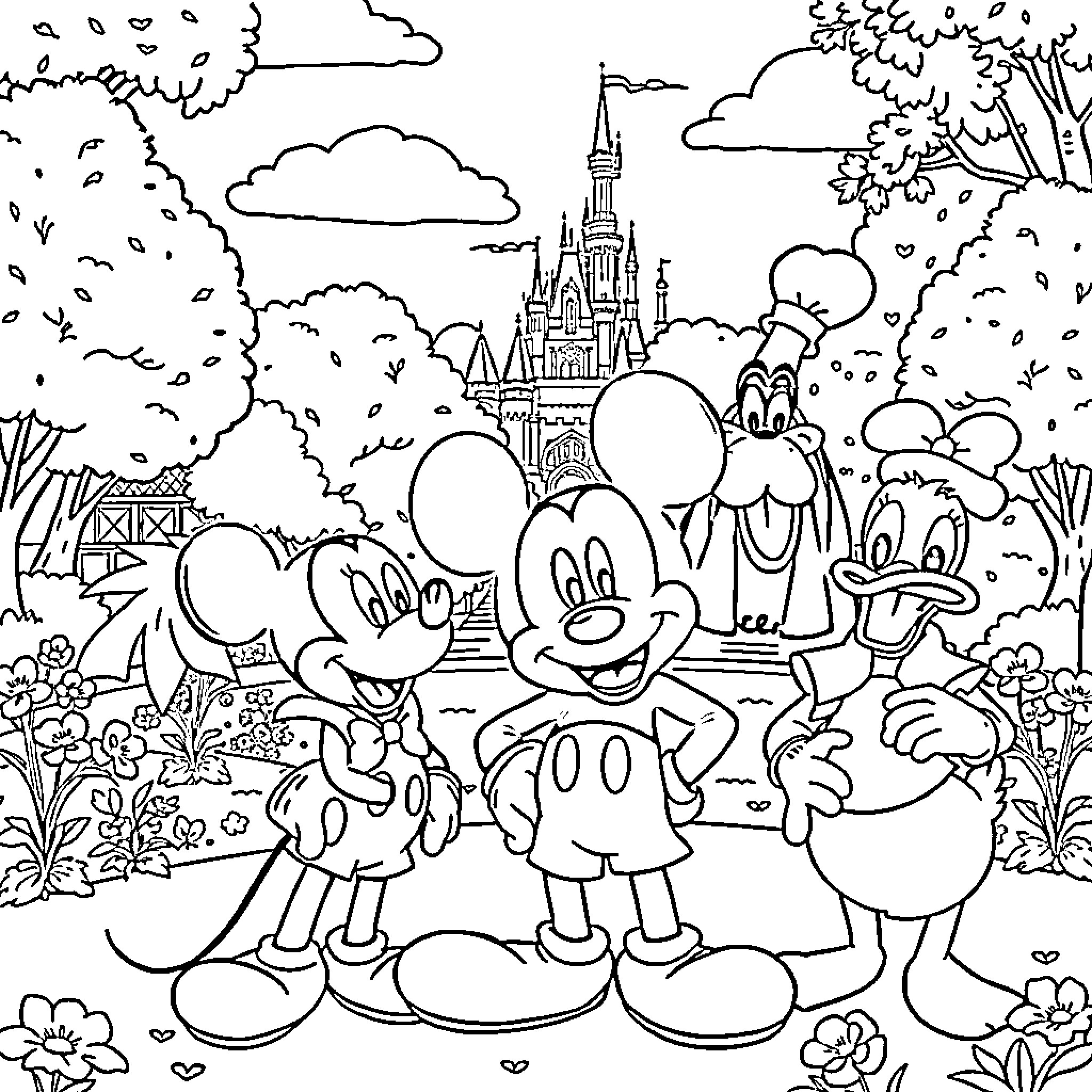Mickey Mouse and friends in a whimsical Disney landscape Coloring Page (free black-and-white line drawing printable PDF for all, from beginners to advanced learners, including children, teens, adults, and seniors)