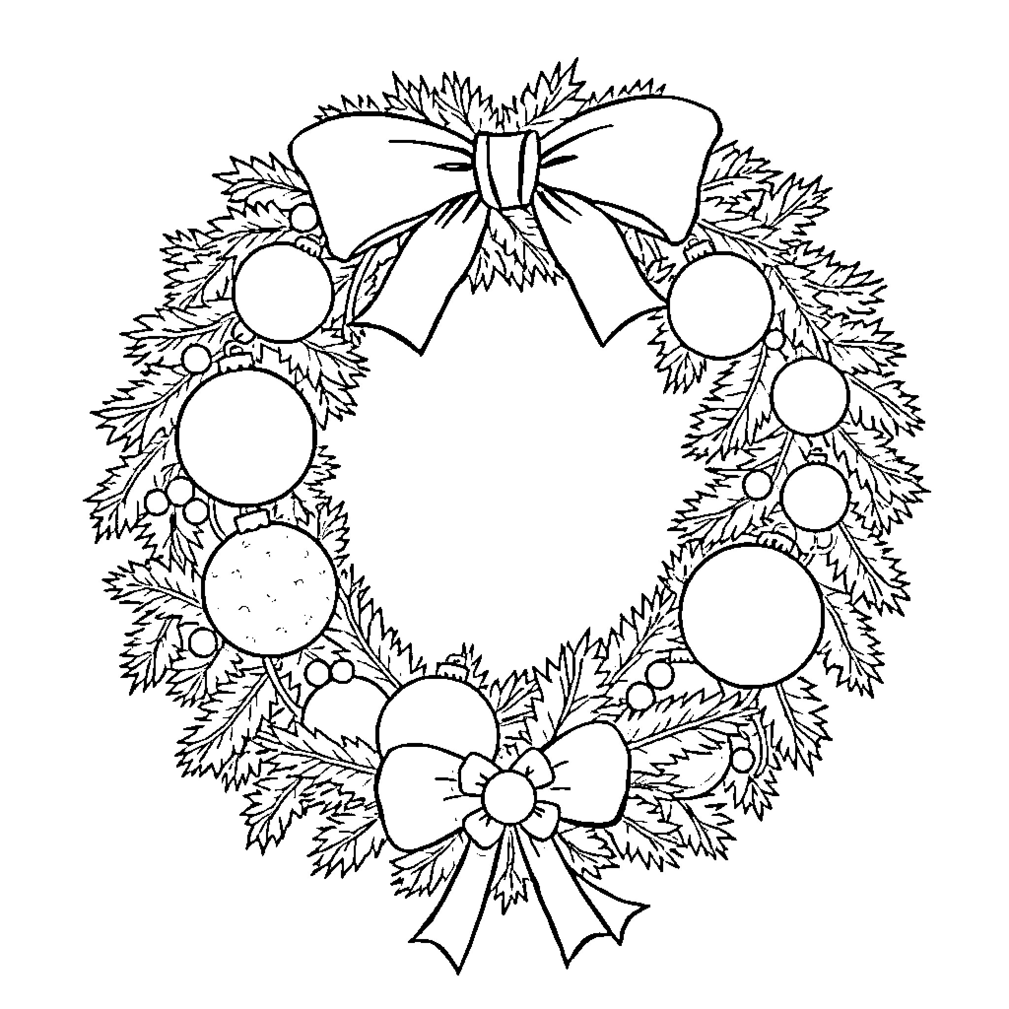 Wreath with bows and festive decorations Coloring Page (free black-and-white line drawing printable PDF for all, from beginners to advanced learners, including children, teens, adults, and seniors)