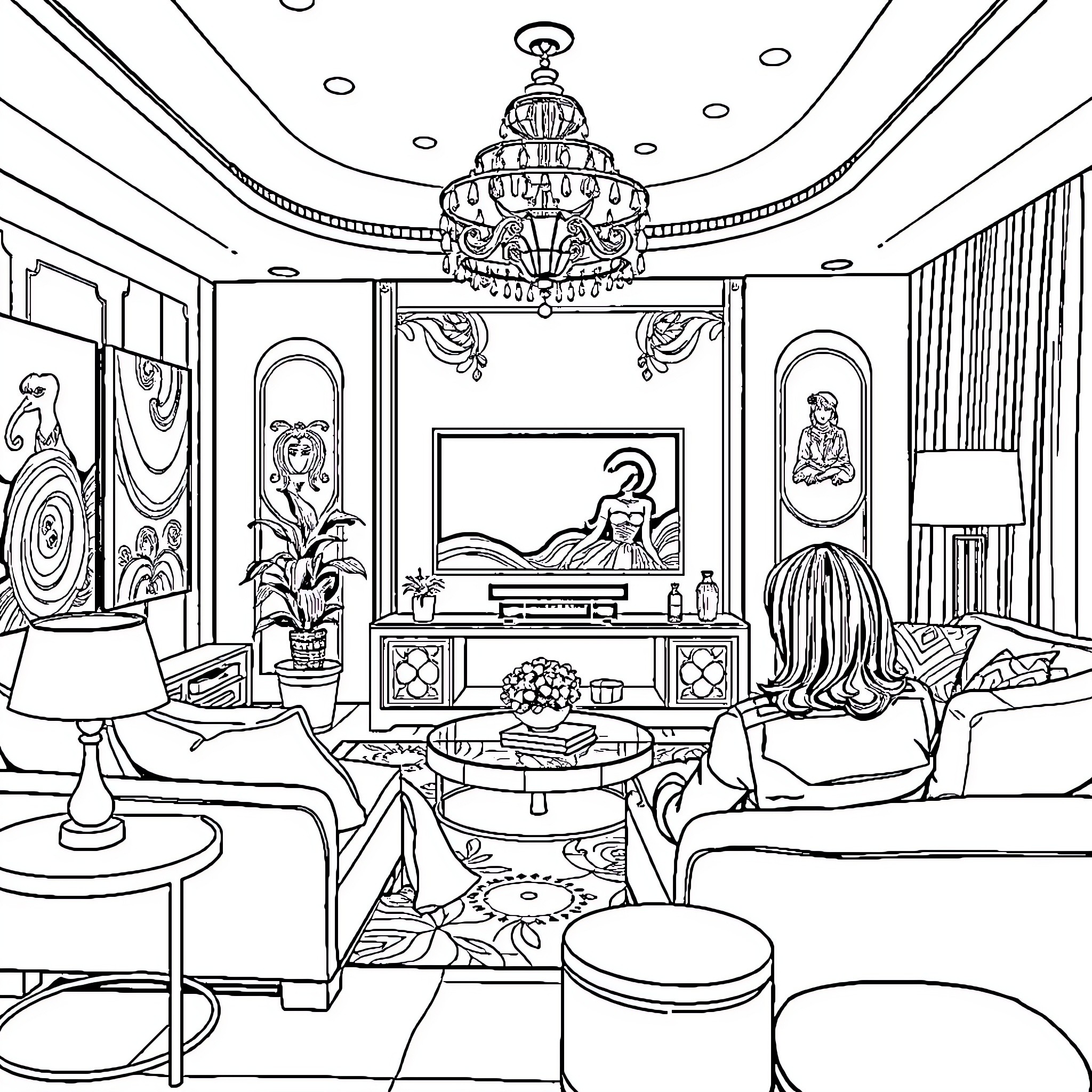 TV Luxurious Room with Ornate Decor and Furniture Coloring Page (free black-and-white line drawing printable PDF for all, from beginners to advanced learners, including children, teens, adults, and seniors)