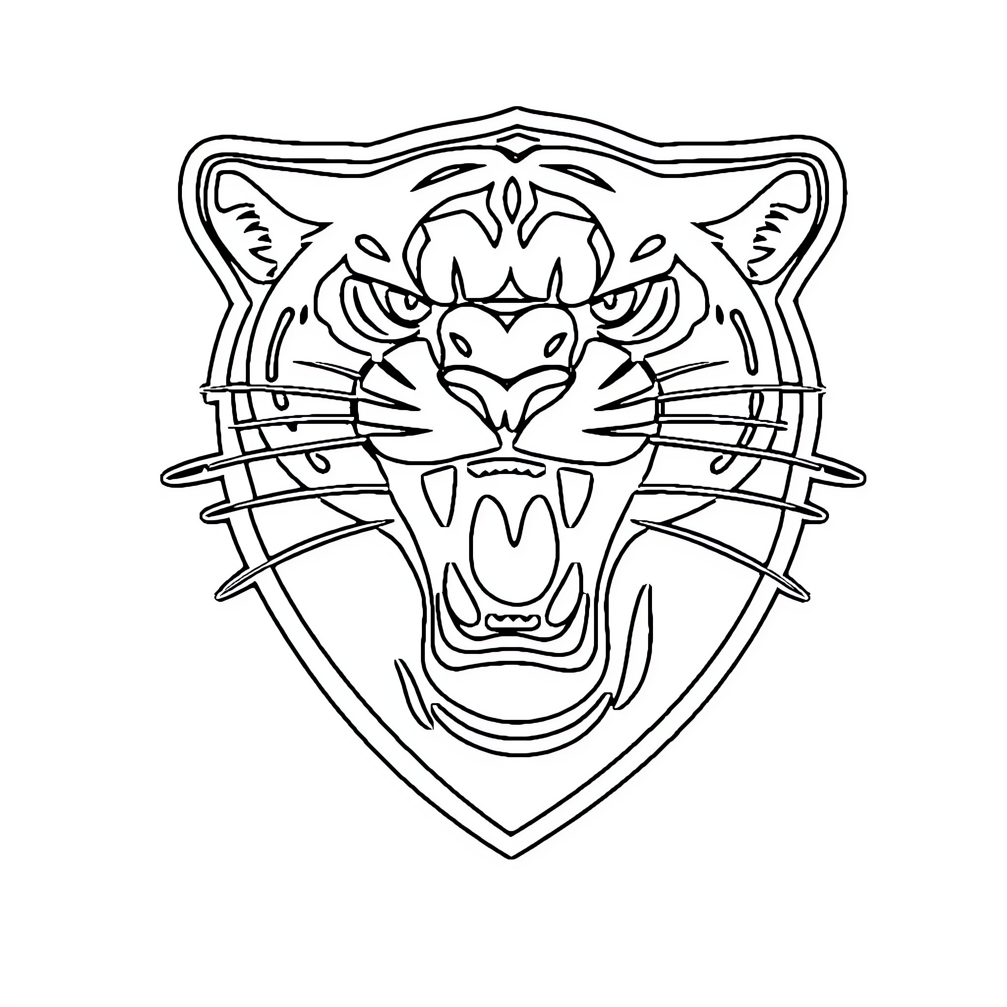 Panther's Fierce Roar in Ornate Shield Coloring Page (free black-and-white line drawing printable PDF for all, from beginners to advanced learners, including children, teens, adults, and seniors)