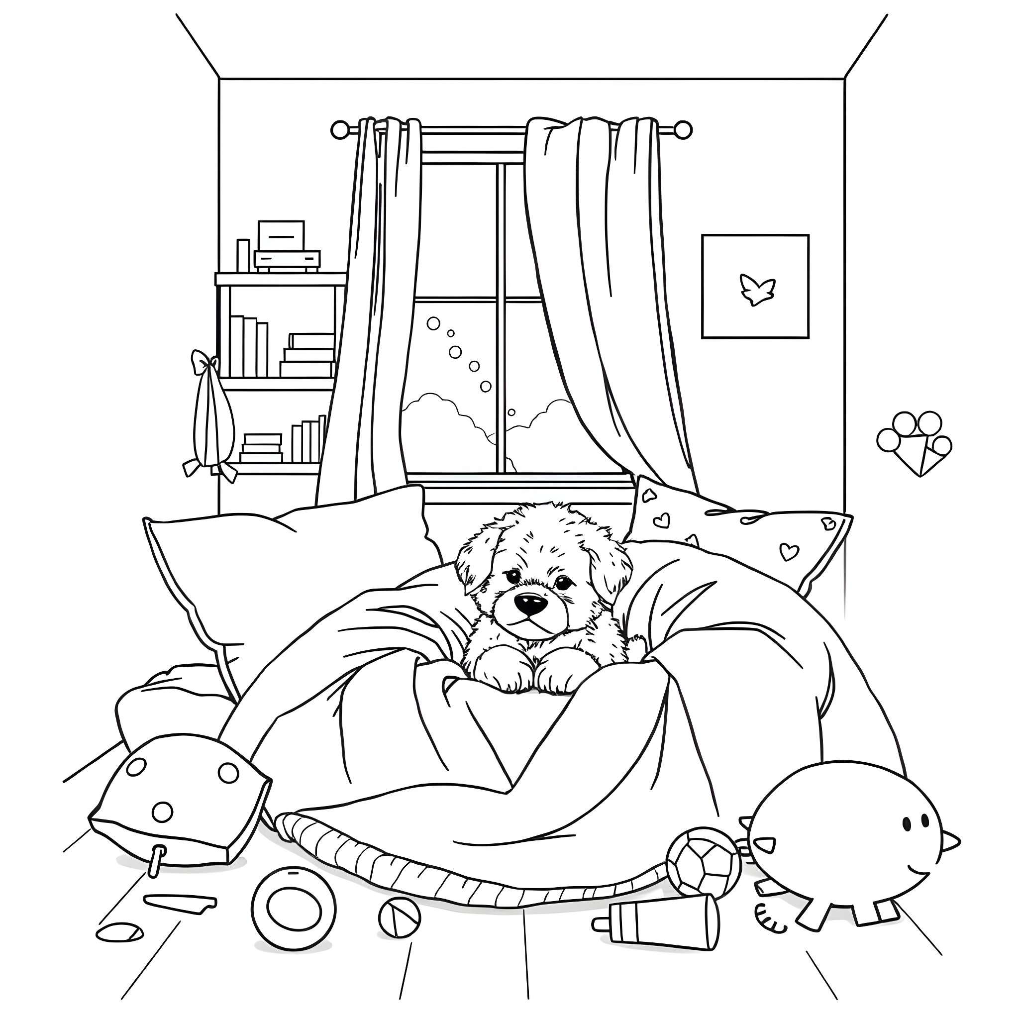 Puppy relaxing comfortably on a cozy bed Coloring Page (free black-and-white line drawing printable PDF for all, from beginners to advanced learners, including children, teens, adults, and seniors)