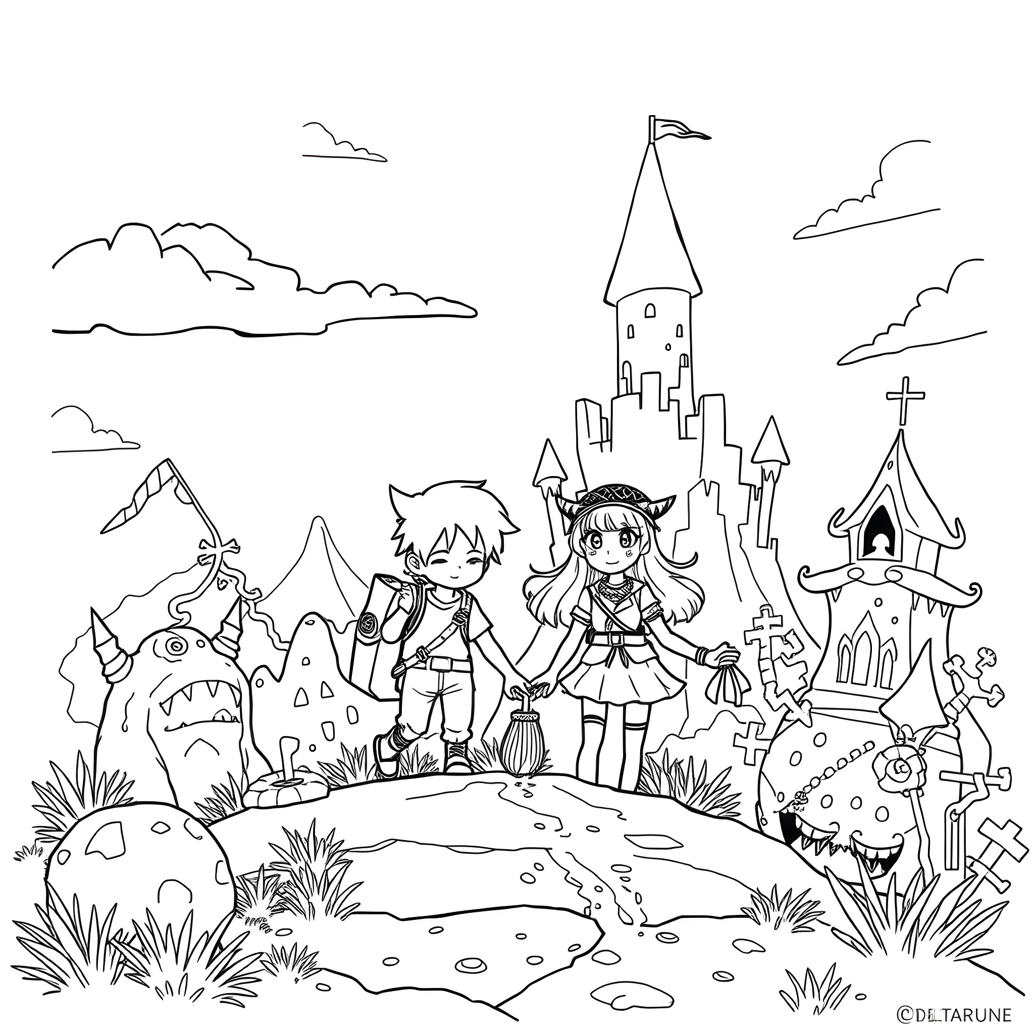 Deltarune characters exploring a fantasy world Coloring Page (free black-and-white line drawing printable PDF for all, from beginners to advanced learners, including children, teens, adults, and seniors)