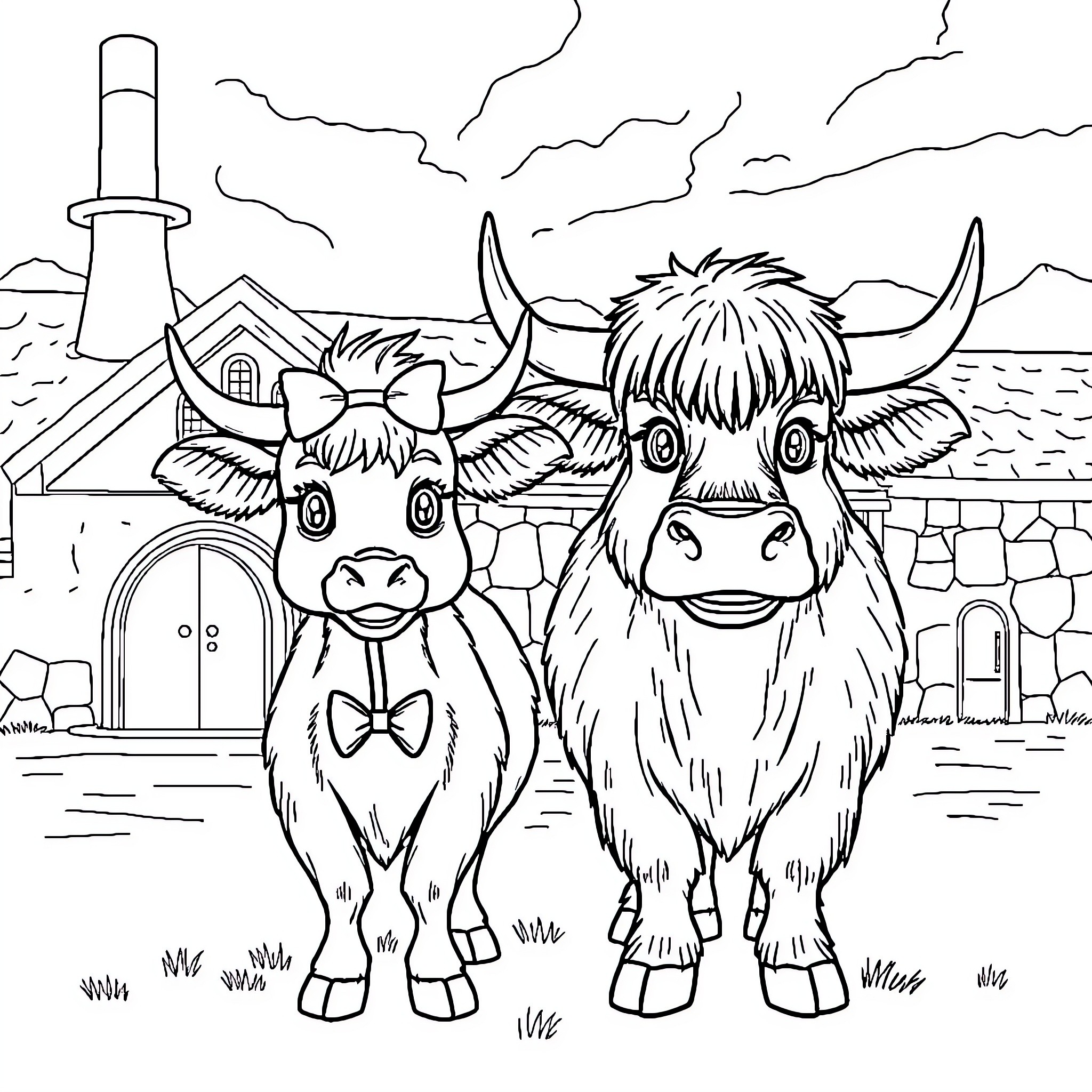 Scottish Highland Cattle posing together in front of a village Coloring Page (free black-and-white line drawing printable PDF for all, from beginners to advanced learners, including children, teens, adults, and seniors)