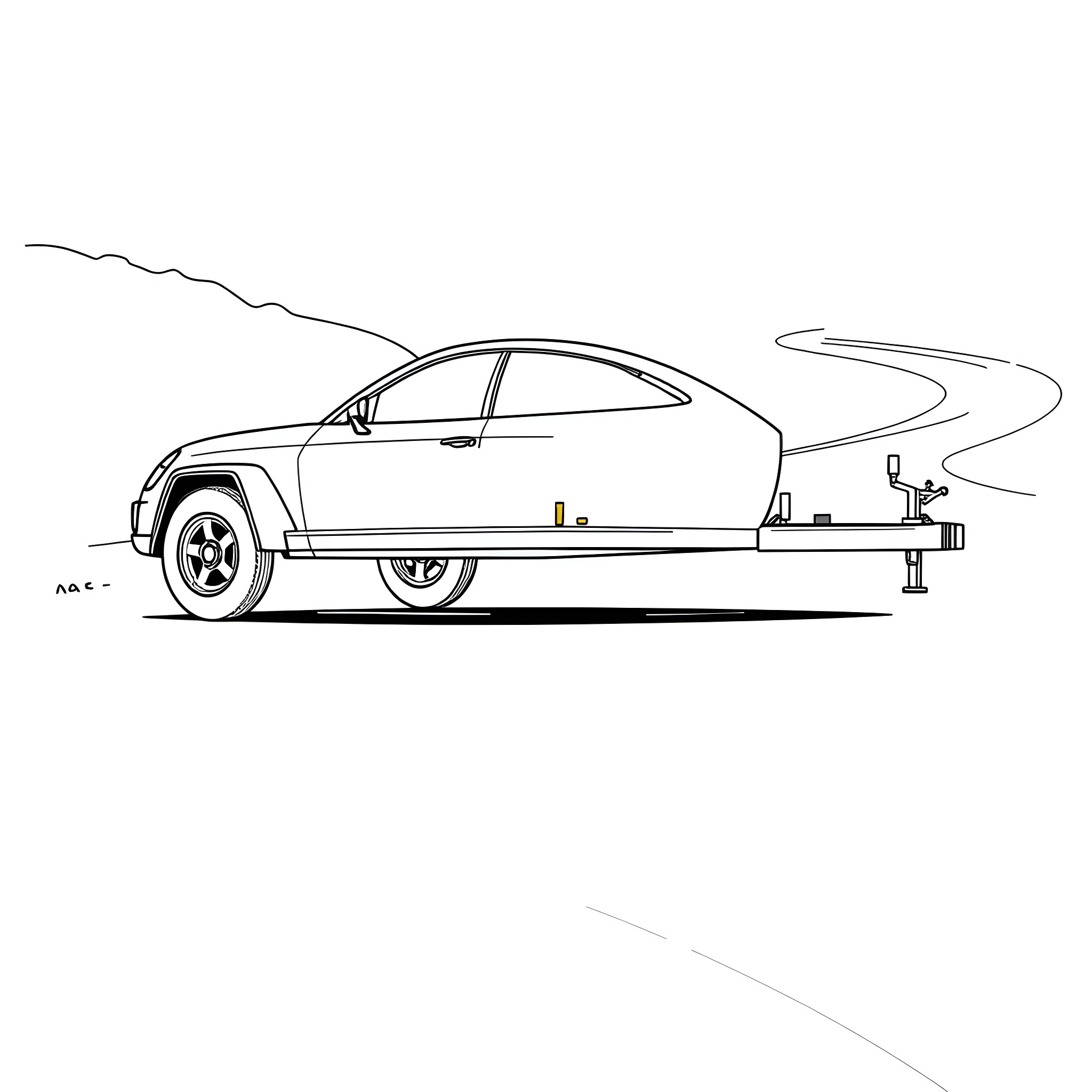 Car Trailer Transporting Vehicle on Winding Road Coloring Page (free black-and-white line drawing printable PDF for all, from beginners to advanced learners, including children, teens, adults, and seniors)