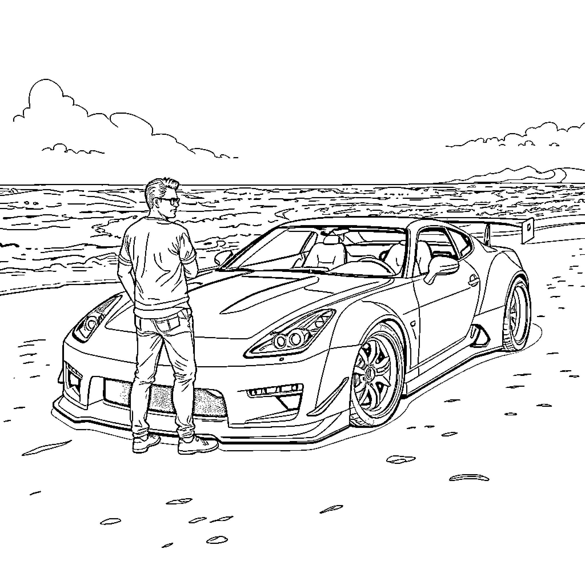 Man admiring luxury sports car on beach Coloring Page (free black-and-white line drawing printable PDF for all, from beginners to advanced learners, including children, teens, adults, and seniors)