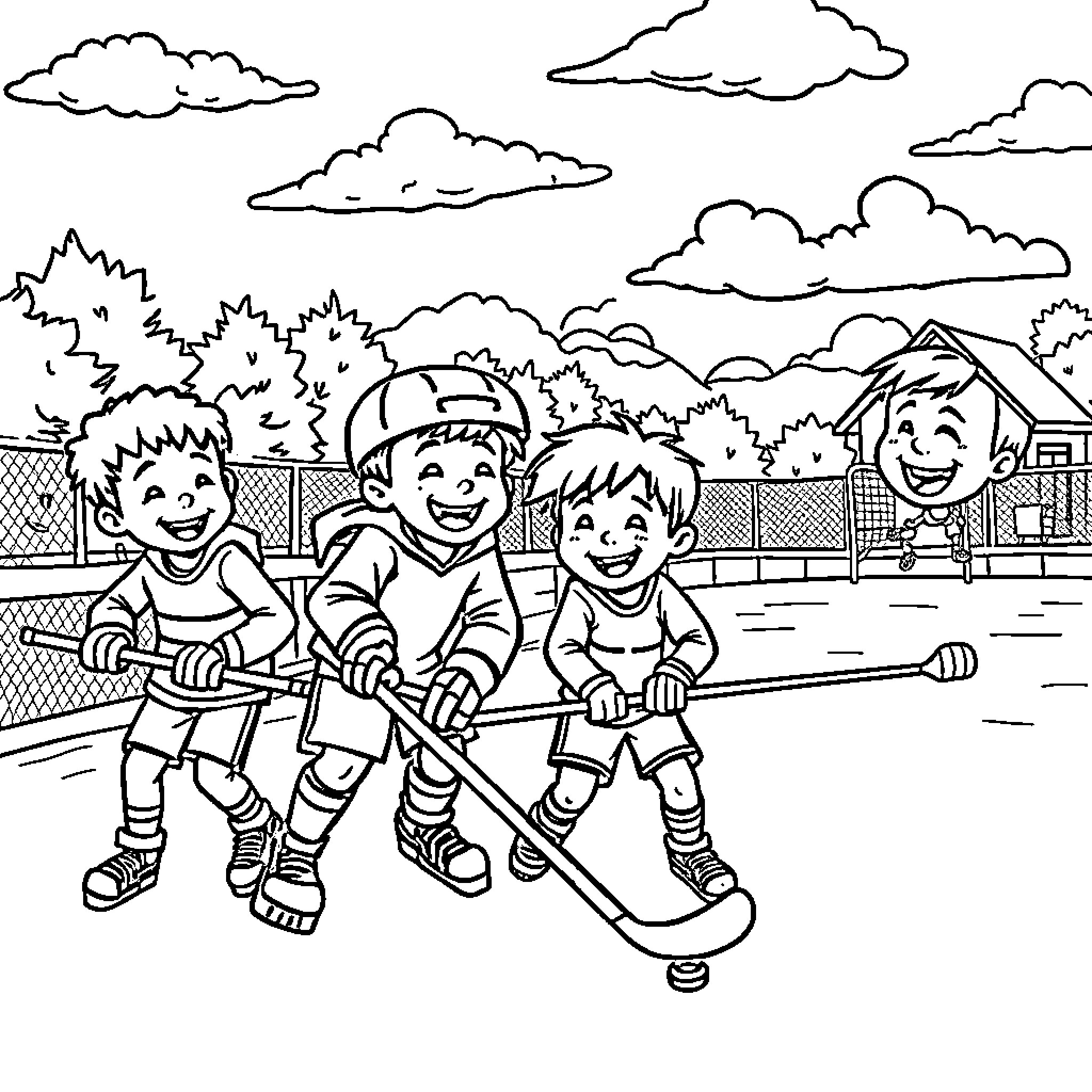 Kid hockey players on the ice rink Coloring Page (free black-and-white line drawing printable PDF for all, from beginners to advanced learners, including children, teens, adults, and seniors)