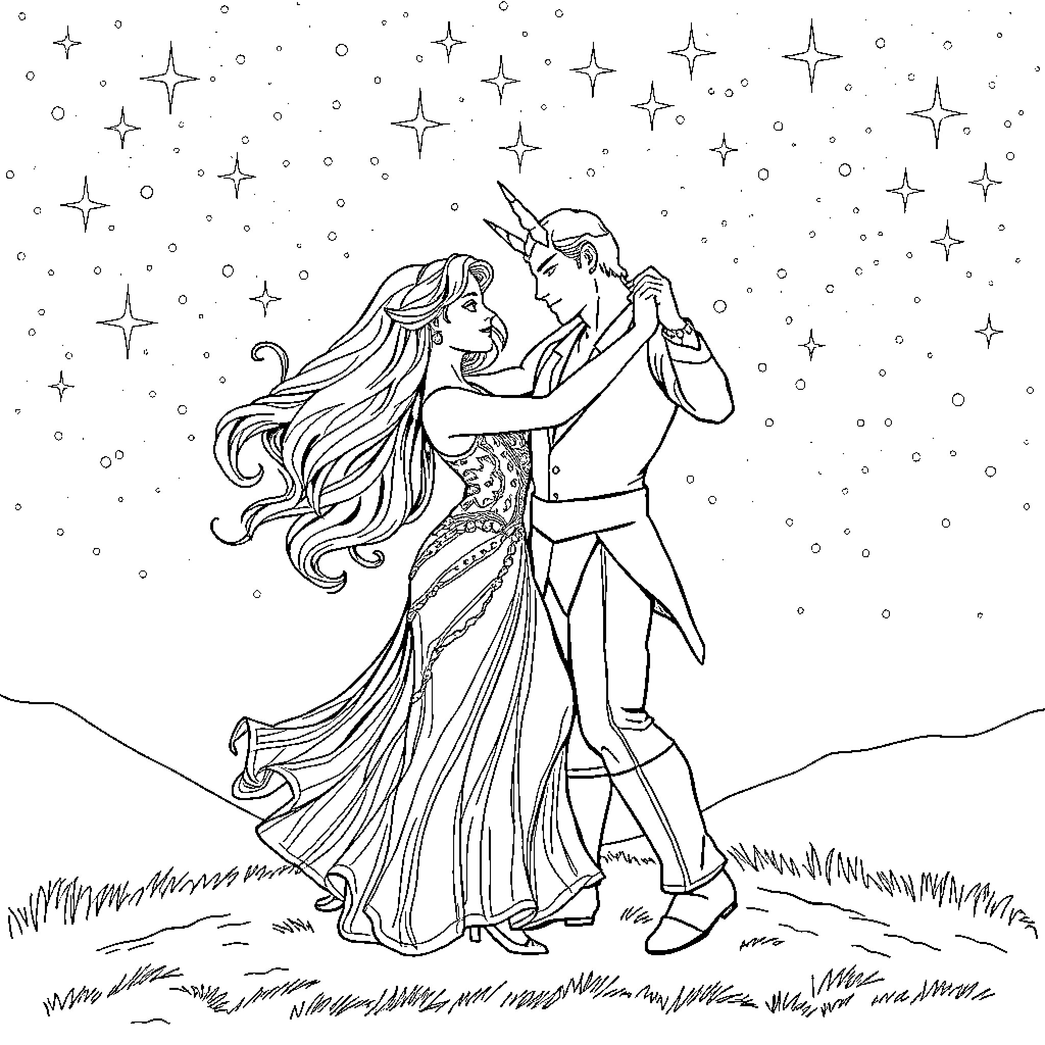 Lyna's Enchanted Dance Under the Starry Sky Coloring Page (free black-and-white line drawing printable PDF for all, from beginners to advanced learners, including children, teens, adults, and seniors)