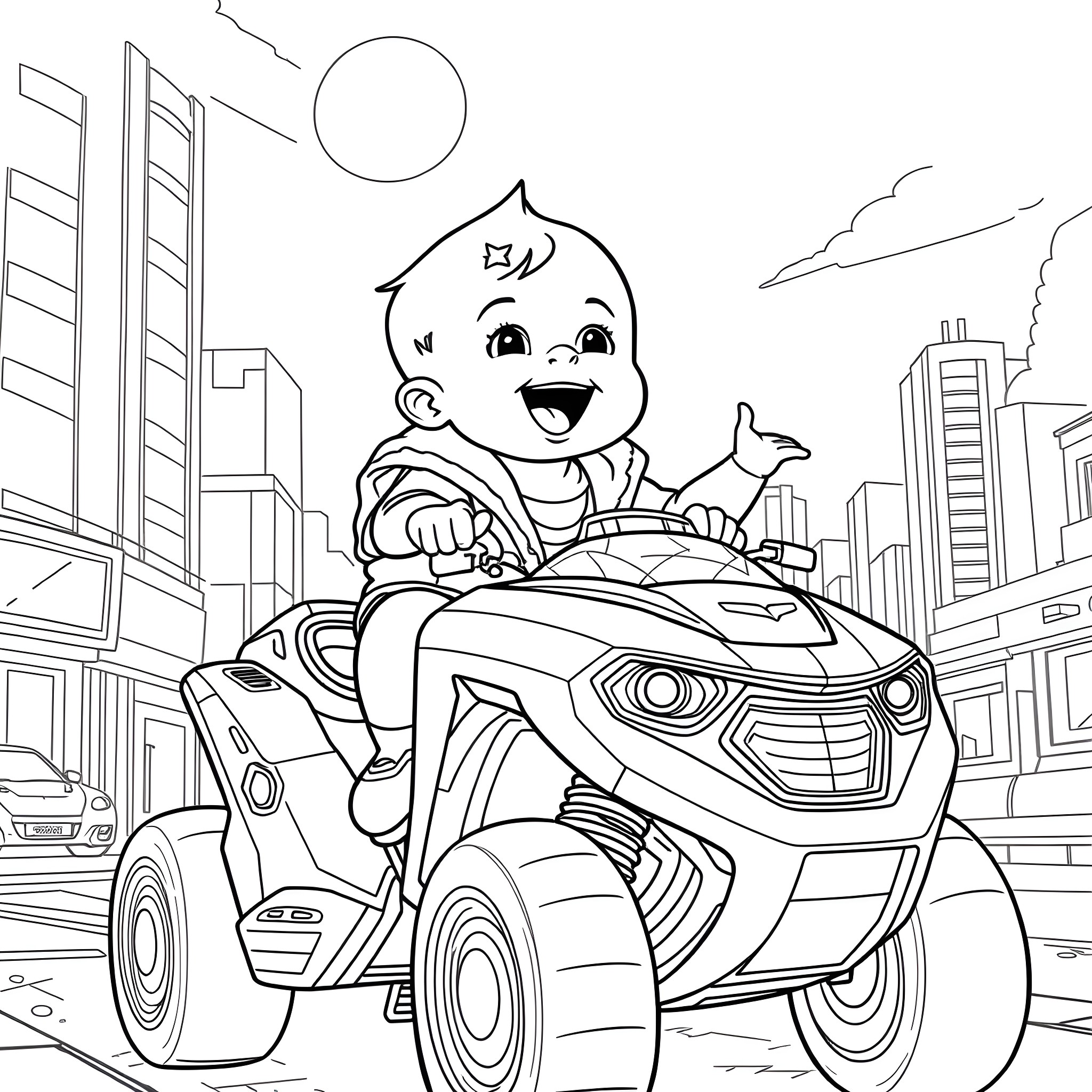 Baby riding exciting all-terrain vehicle in the city Coloring Page (free black-and-white line drawing printable PDF for all, from beginners to advanced learners, including children, teens, adults, and seniors)