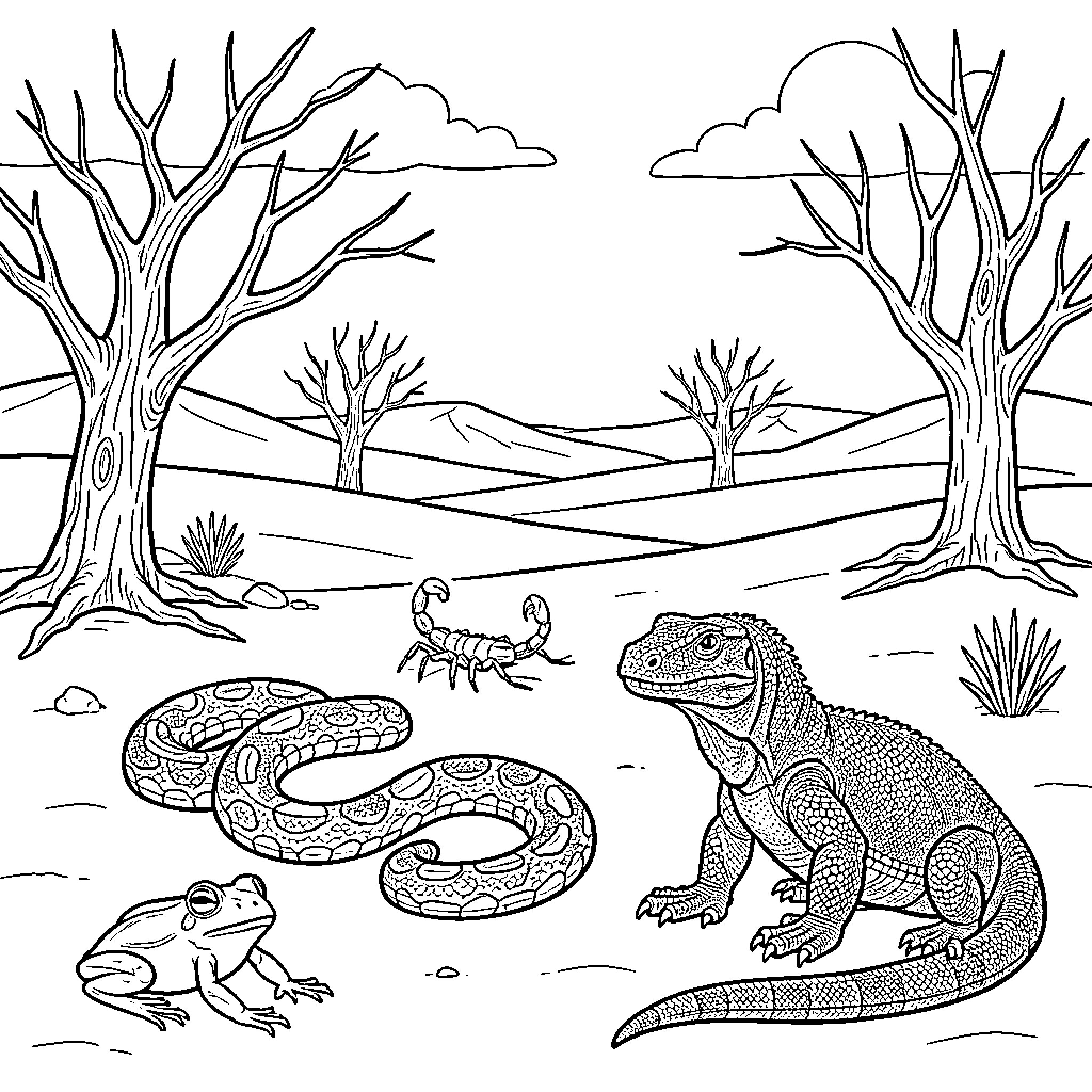 Desert animals interacting in a vast landscape Coloring Page (free black-and-white line drawing printable PDF for all, from beginners to advanced learners, including children, teens, adults, and seniors)