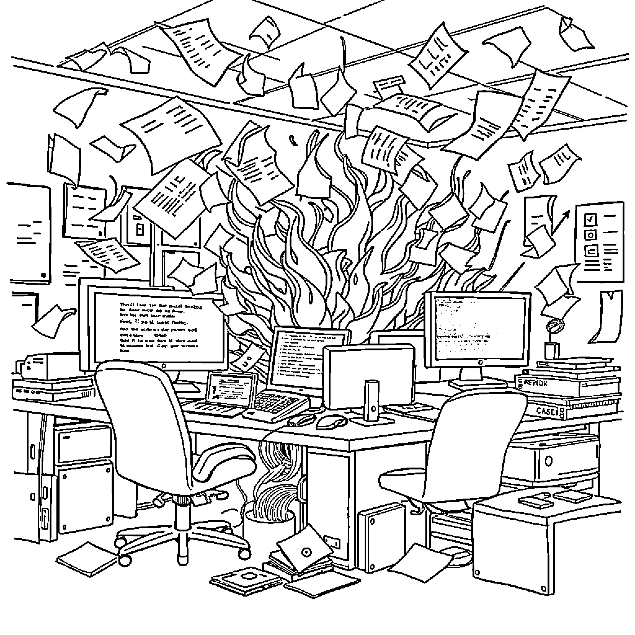 IT Support: Chaotic Desk with Flames and Papers Coloring Page (free black-and-white line drawing printable PDF for all, from beginners to advanced learners, including children, teens, adults, and seniors)