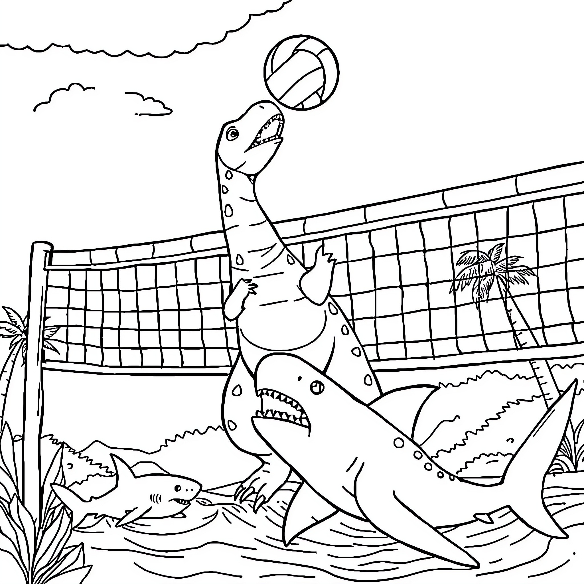 Dino playing volleyball in a tropical paradise Coloring Page (free black-and-white line drawing printable PDF for all, from beginners to advanced learners, including children, teens, adults, and seniors)