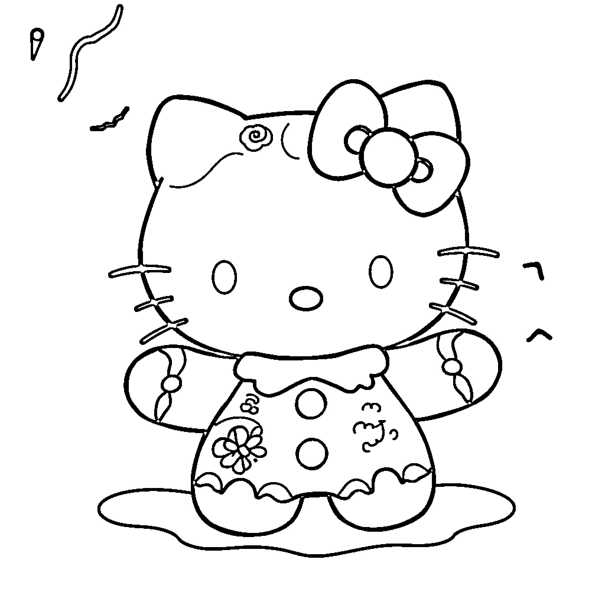 Hello Kitty in Floral Dress Coloring Page (free black-and-white line drawing printable PDF for all, from beginners to advanced learners, including children, teens, adults, and seniors)
