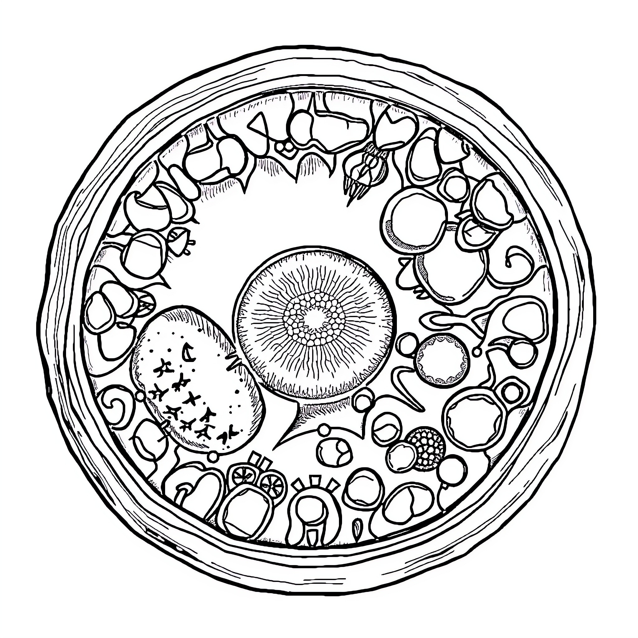 Animal Cell with Intricate Microscopic Details Coloring Page (free black-and-white line drawing printable PDF for all, from beginners to advanced learners, including children, teens, adults, and seniors)
