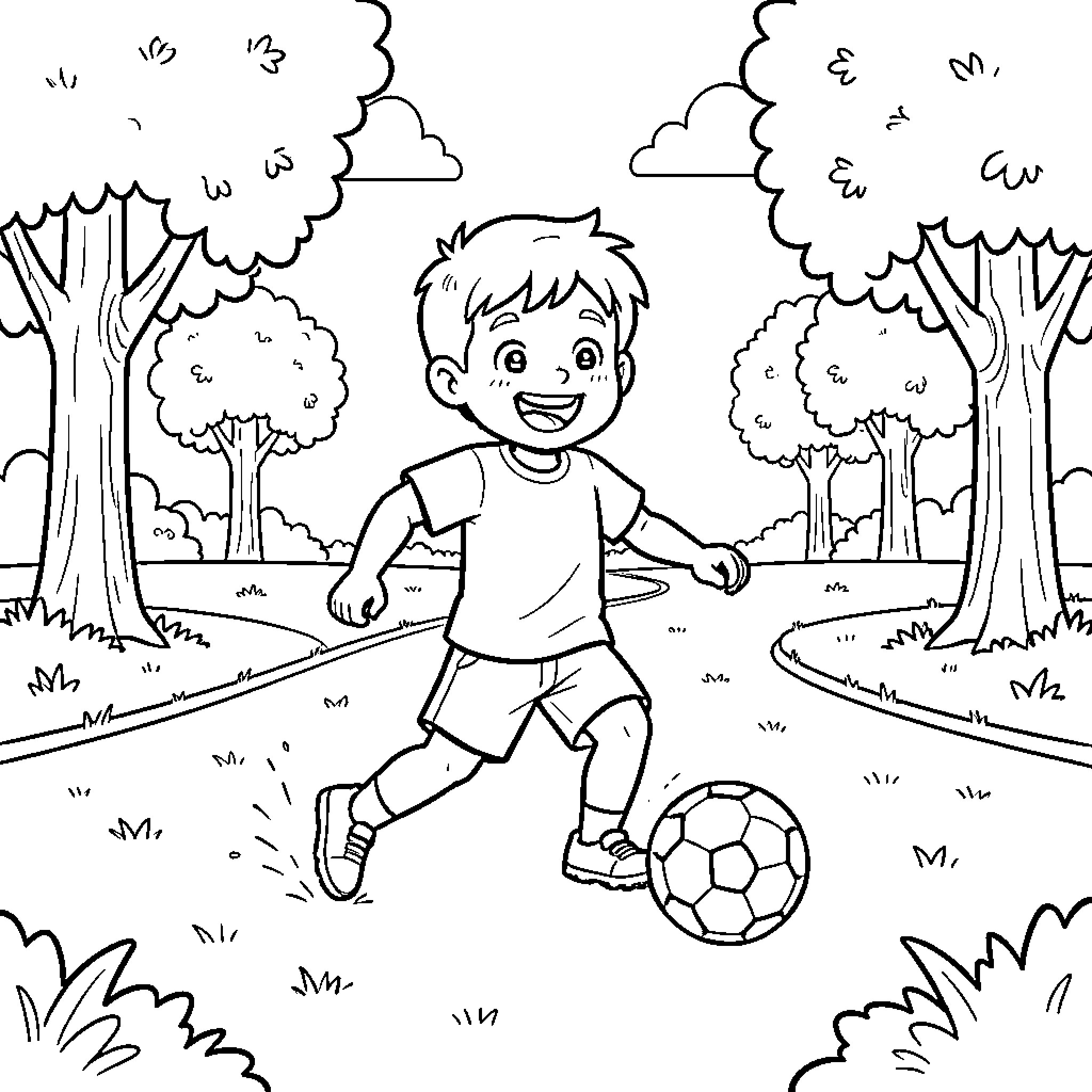 Boy playing with soccer ball in park Coloring Page (free black-and-white line drawing printable PDF for all, from beginners to advanced learners, including children, teens, adults, and seniors)