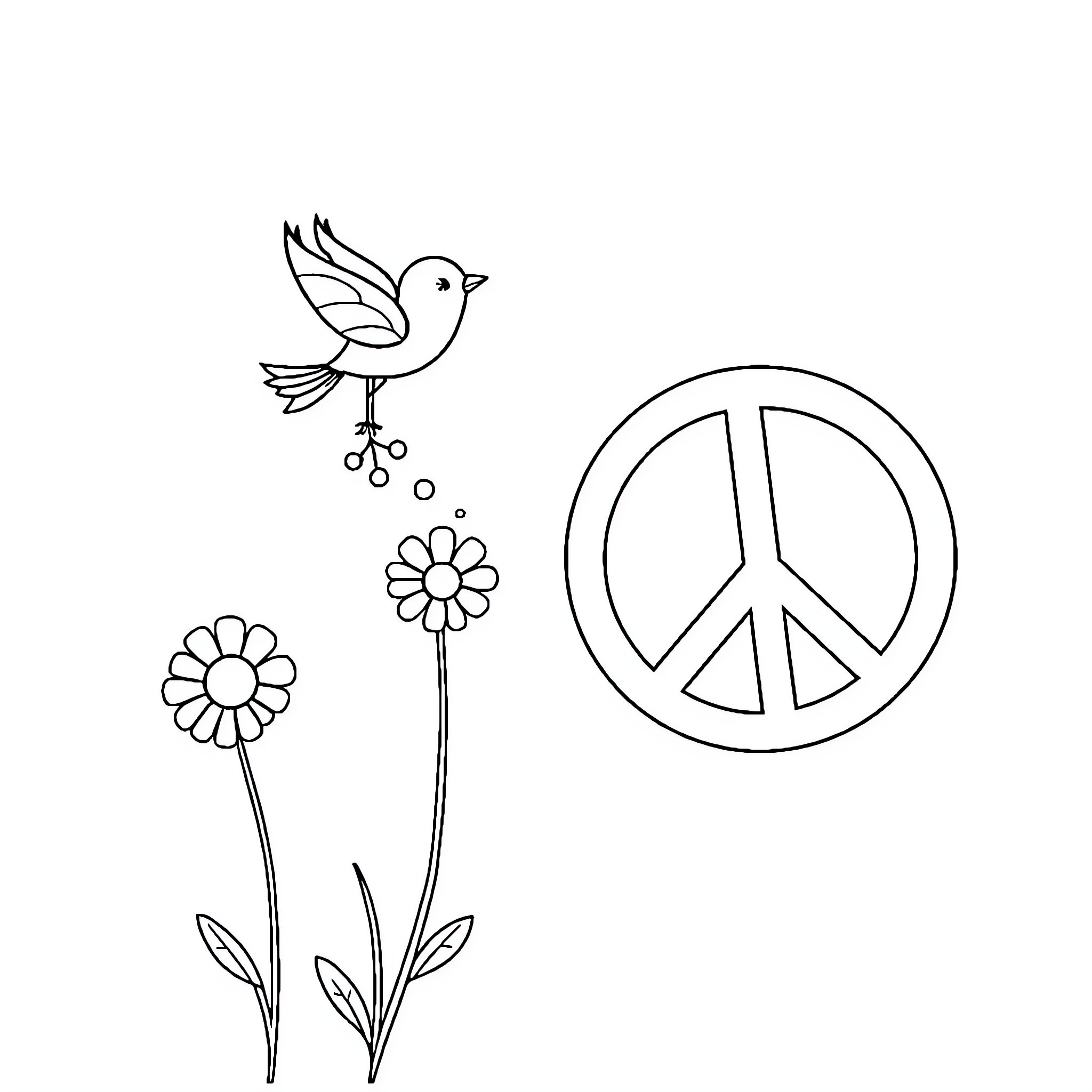 Peace Sign Doodle with Bird and Flowers Coloring Page (free black-and-white line drawing printable PDF for all, from beginners to advanced learners, including children, teens, adults, and seniors)