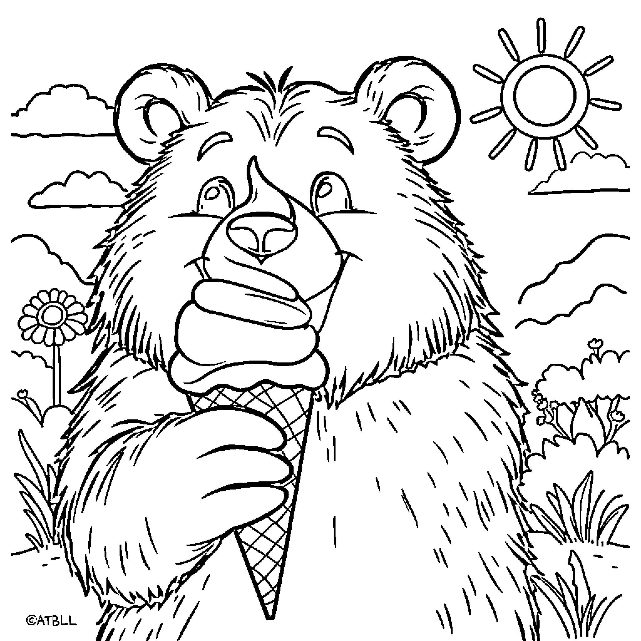 Bear enjoying an ice cream cone in nature Coloring Page (free black-and-white line drawing printable PDF for all, from beginners to advanced learners, including children, teens, adults, and seniors)