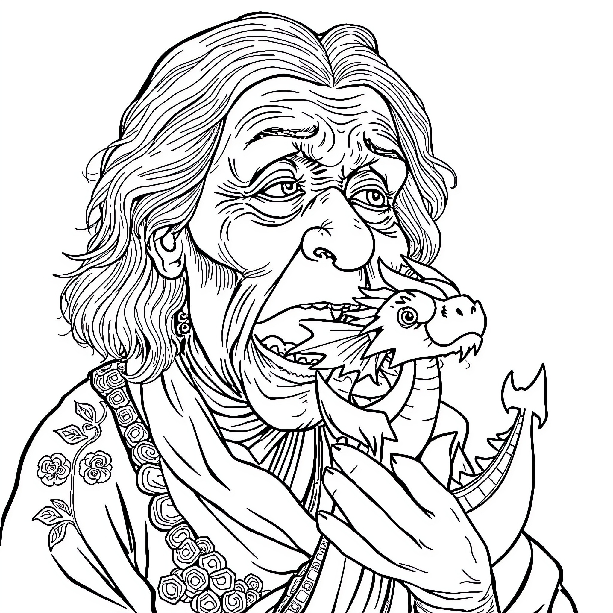 Dragon Wizard Wielding Fearsome Creature Coloring Page (free black-and-white line drawing printable PDF for all, from beginners to advanced learners, including children, teens, adults, and seniors)