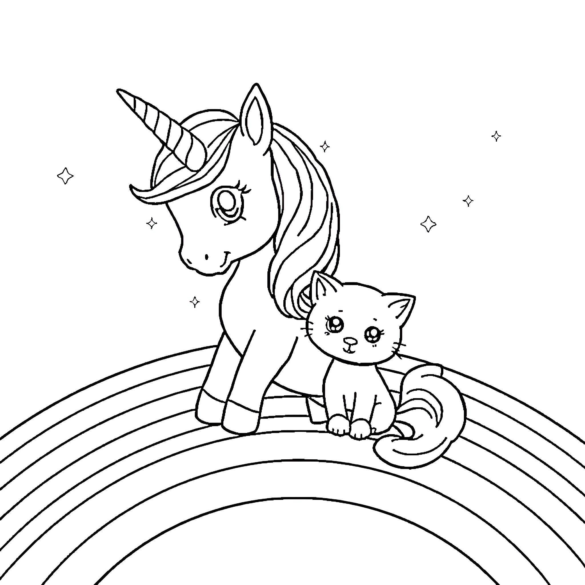 Unicorn and Kitten Enjoying a Magical Rainbow Coloring Page (free black-and-white line drawing printable PDF for all, from beginners to advanced learners, including children, teens, adults, and seniors)