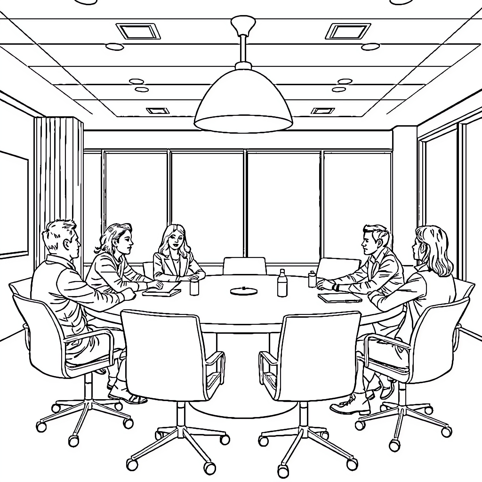 Person having a business meeting in conference room Coloring Page (free black-and-white line drawing printable PDF for all, from beginners to advanced learners, including children, teens, adults, and seniors)